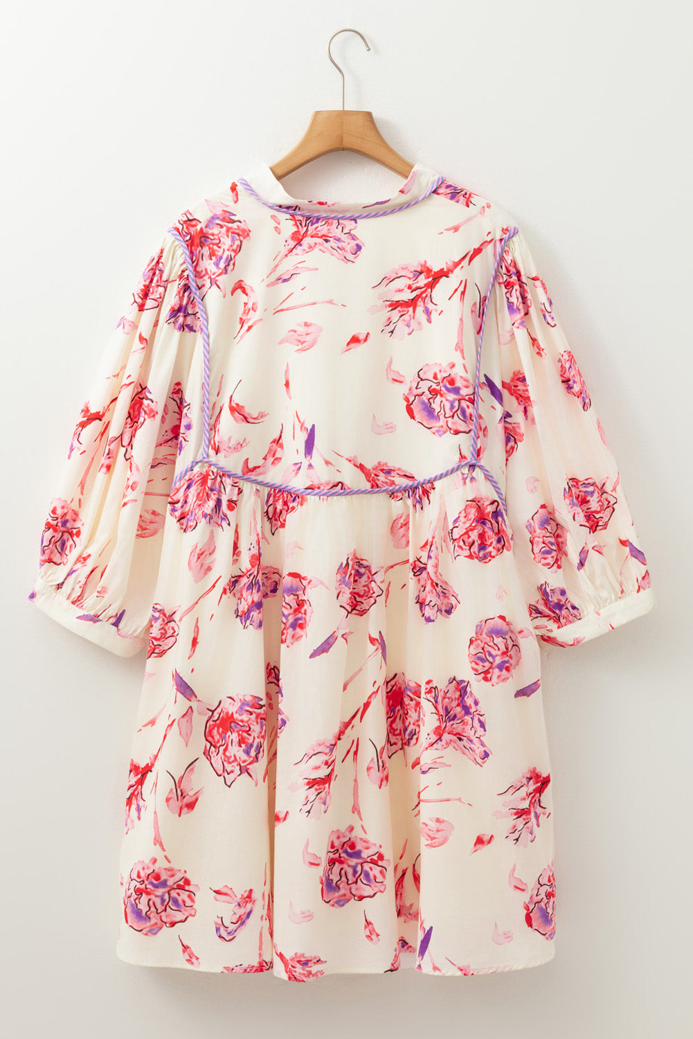 Mini-robe droite a lacets et imprimé floral, col en V, manches ballon, grande taille
