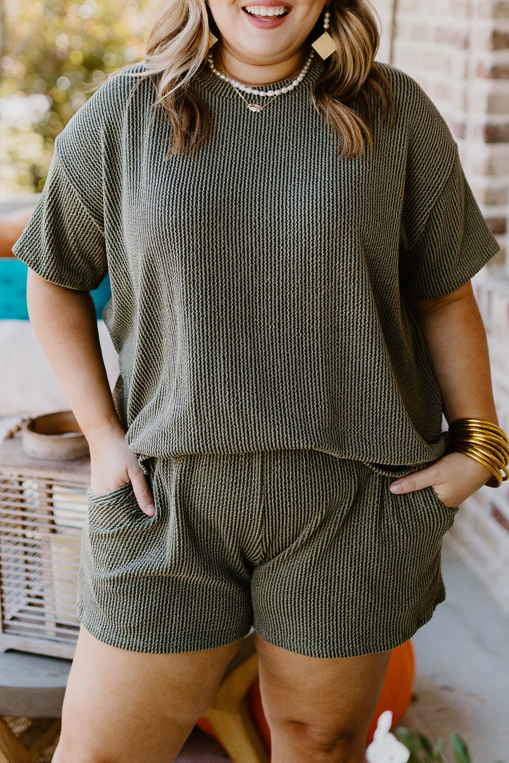 Ensemble Haut a Manches Courtes et Short en Tricot Côtelé de Grande Taille
