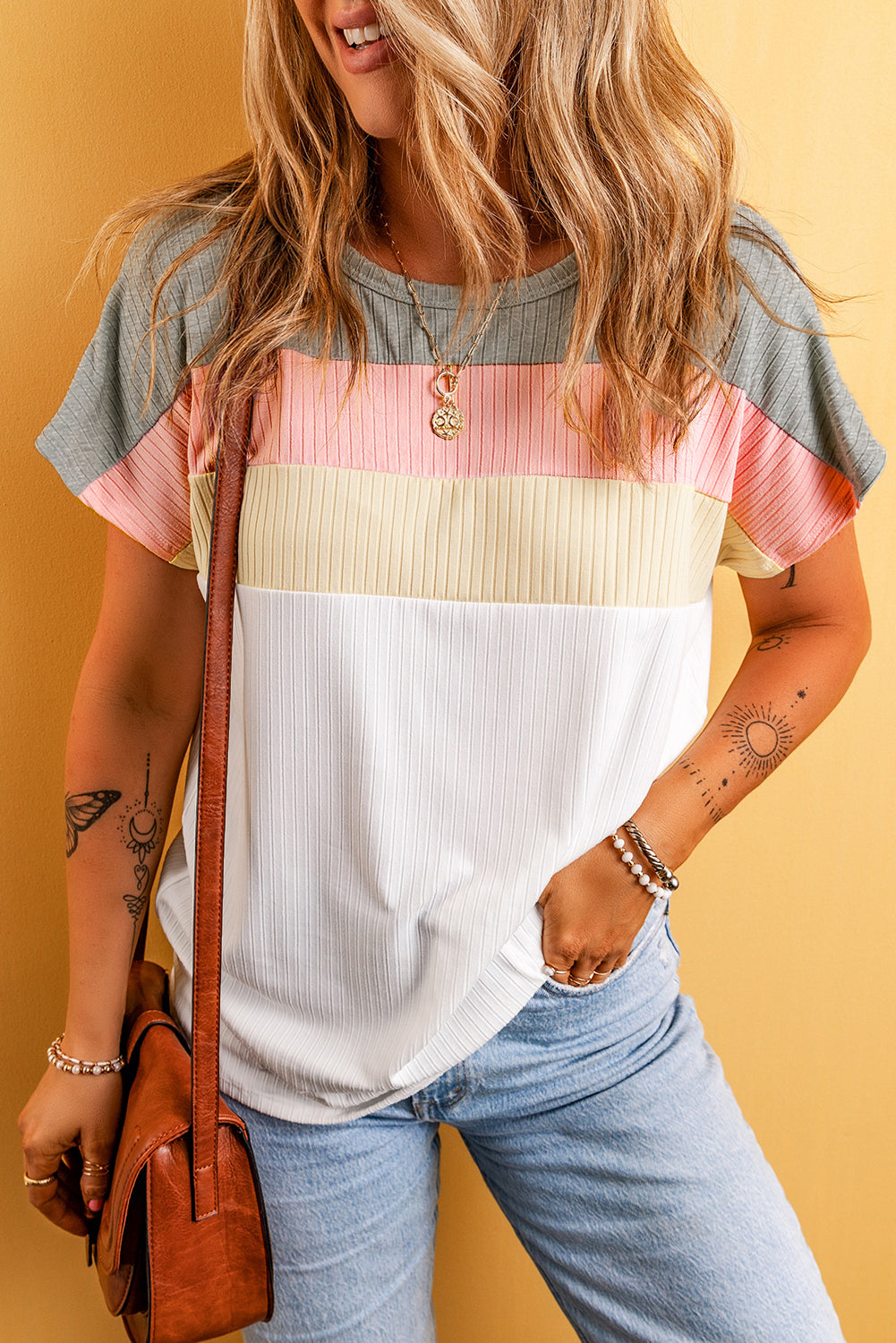 T-shirt côtelé patchwork color block