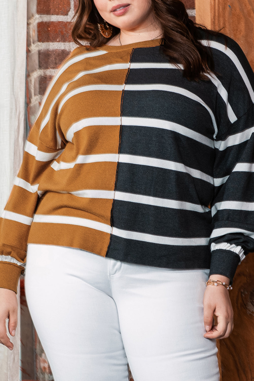 Haut Ample Patchwork Rayé Colorblock de Grande Taille
