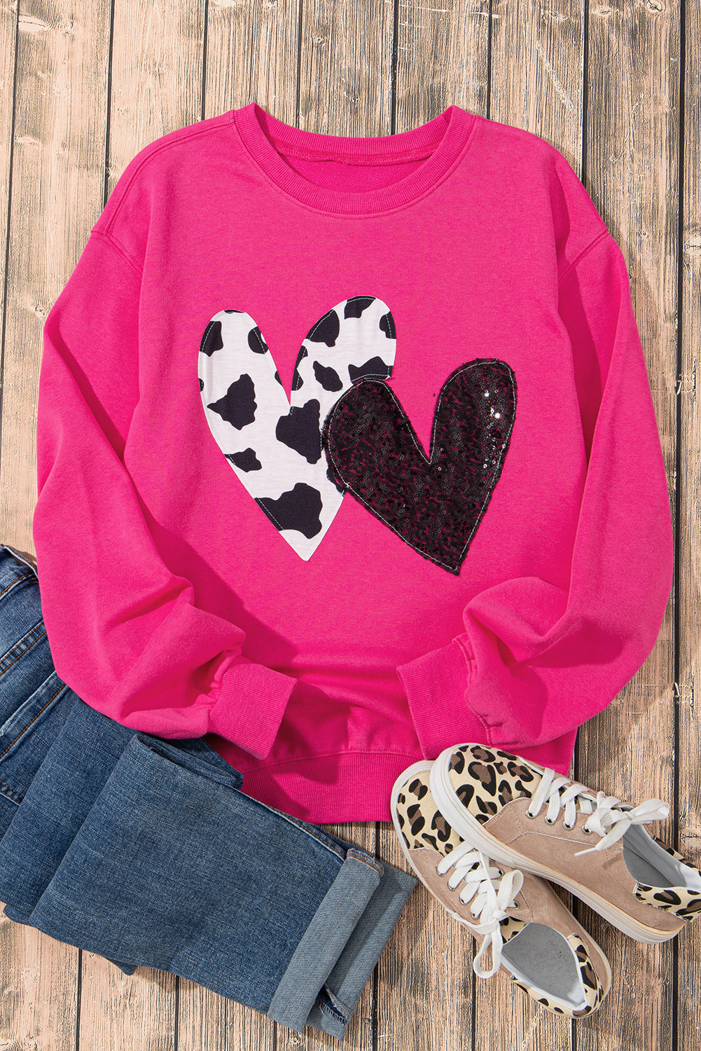 Sweat-shirt graphique a patch double cœur en vache et sequins