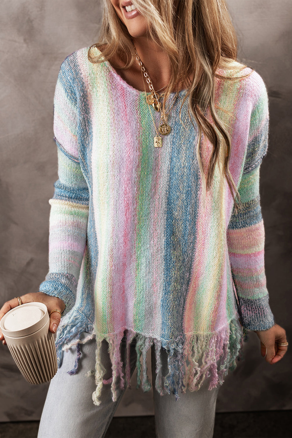 Pull tunique à épaules tombantes et à franges en blocs de couleur
