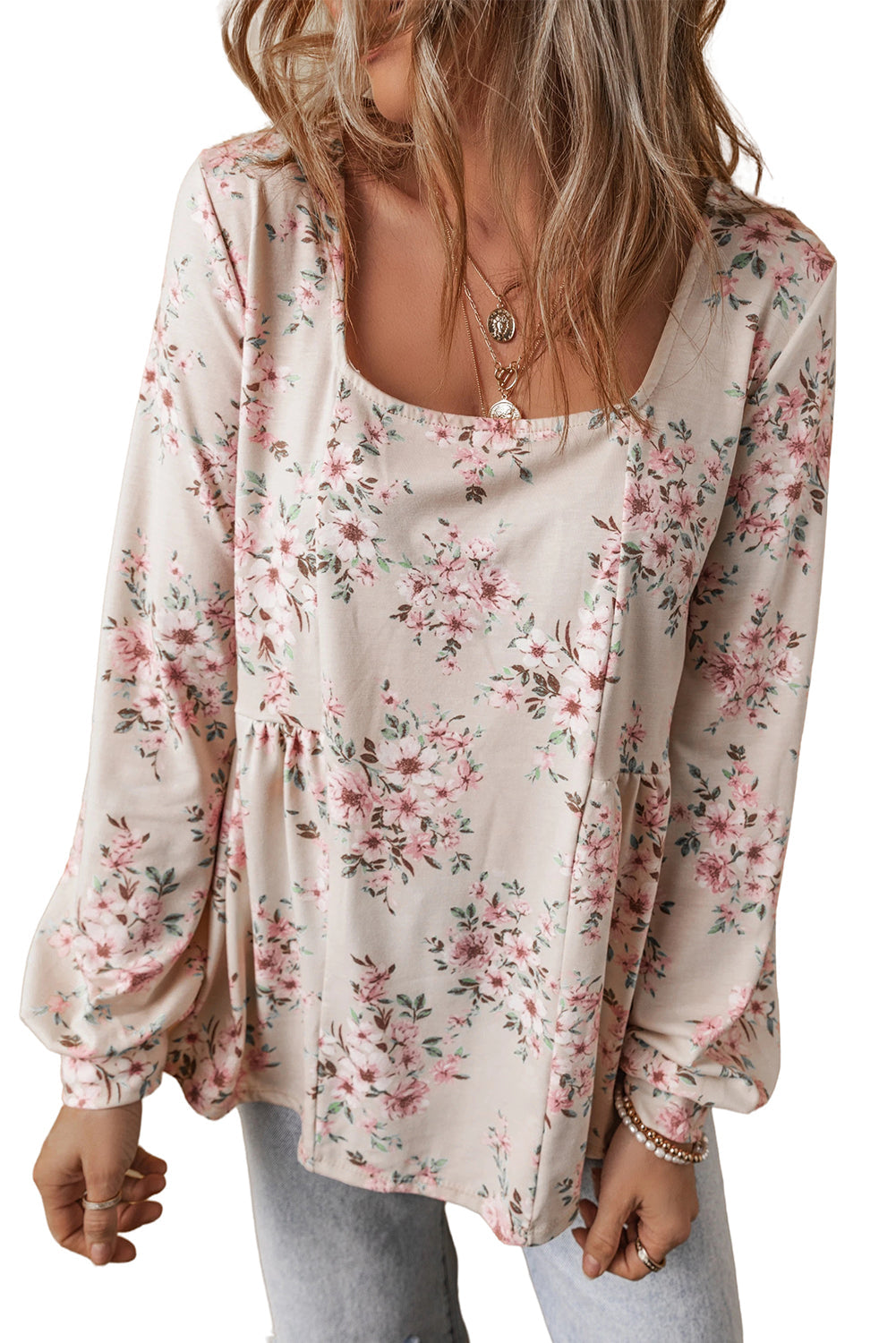 Blouse ample plissée a imprimé floral et col en U