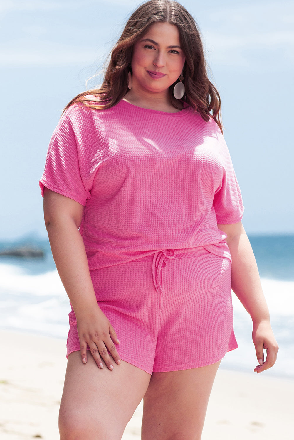 Ensemble Deux Pièces en Tricot Gaufré Uni de Grande Taille