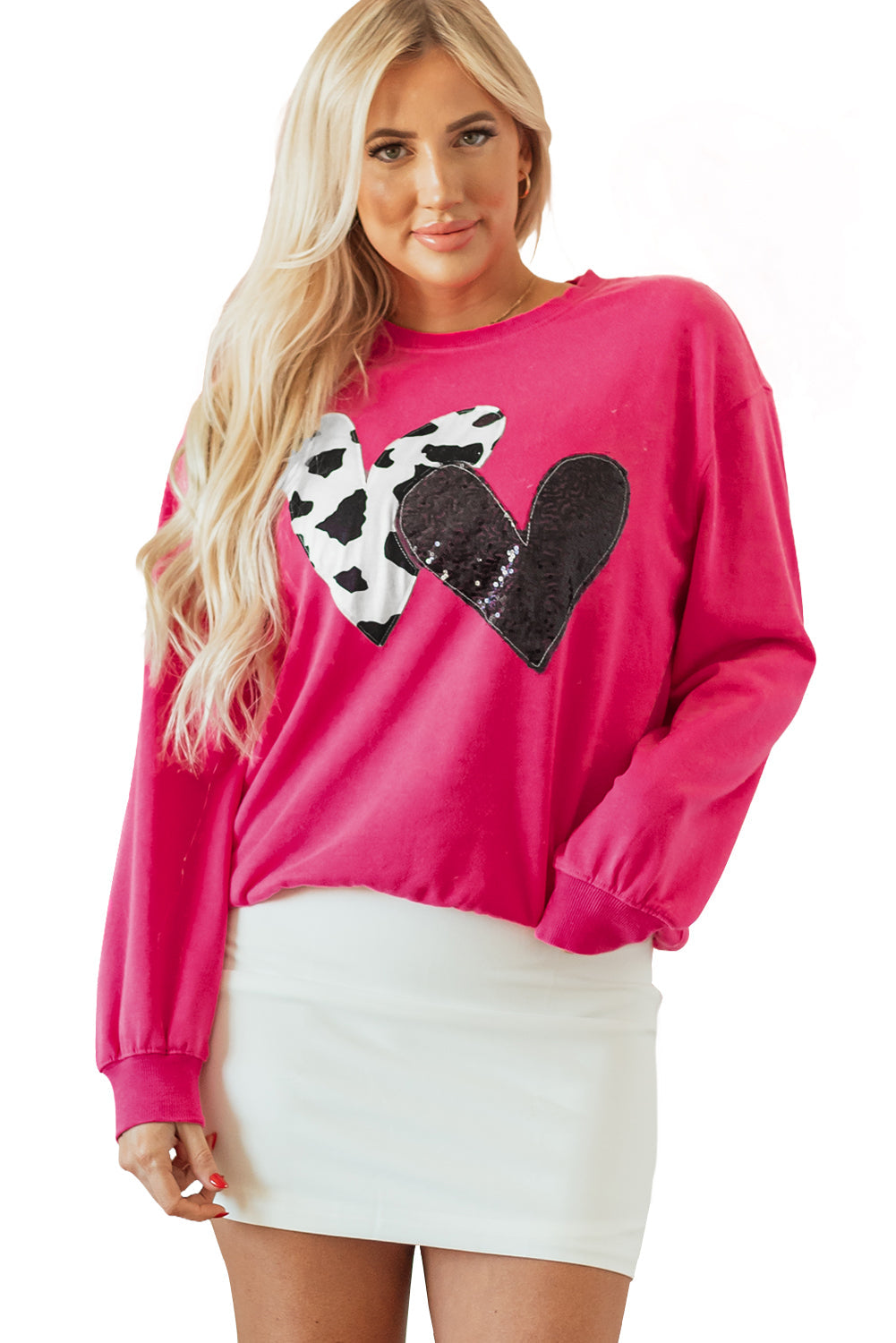Sweat-shirt graphique a patch double cœur en vache et sequins