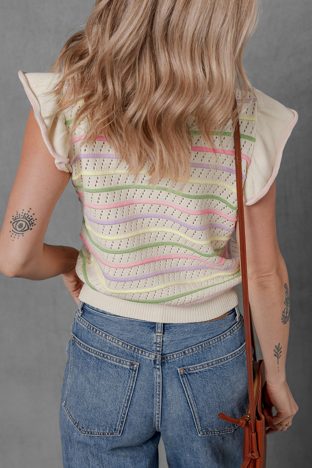 T-shirt pull à manches volantées en tricot à œillets rayé coloré