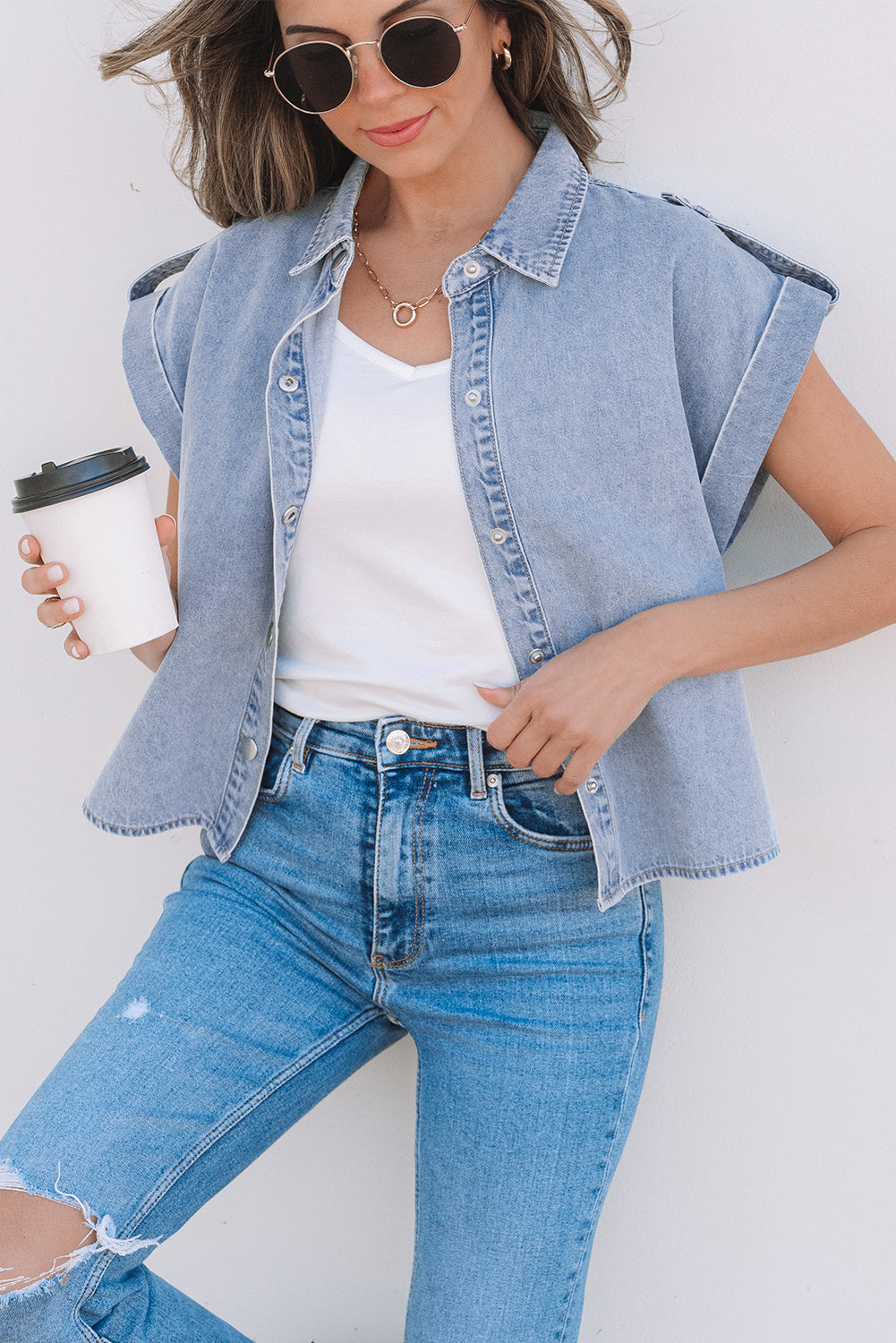 Chemise en jean à manches courtes et revers pin-up