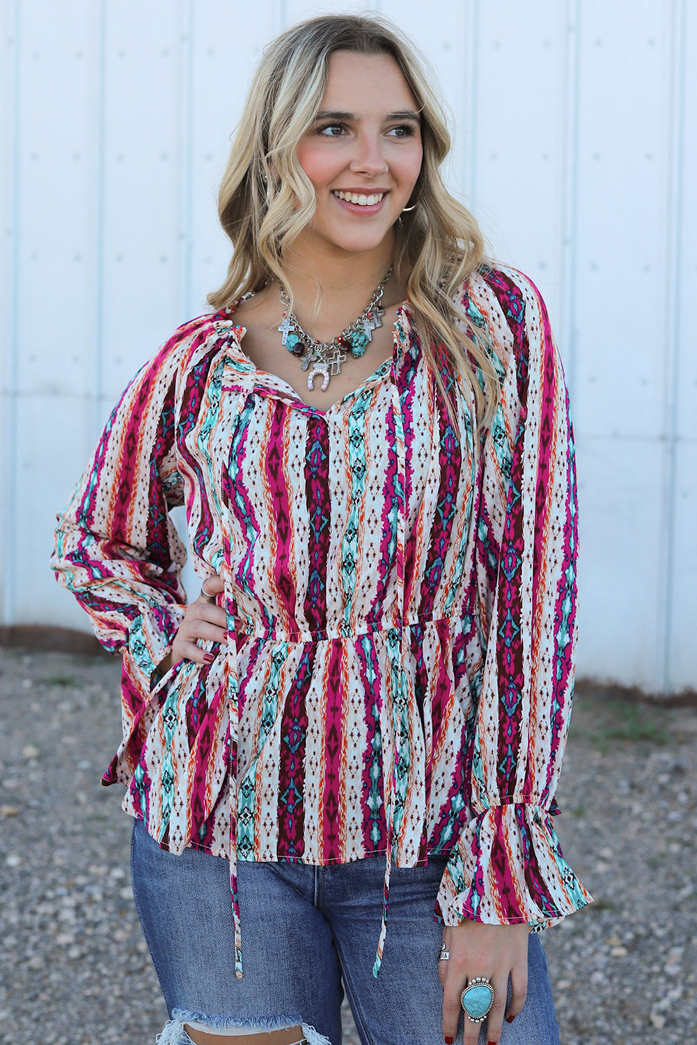 Blouse péplum à col fendu aztèque occidental