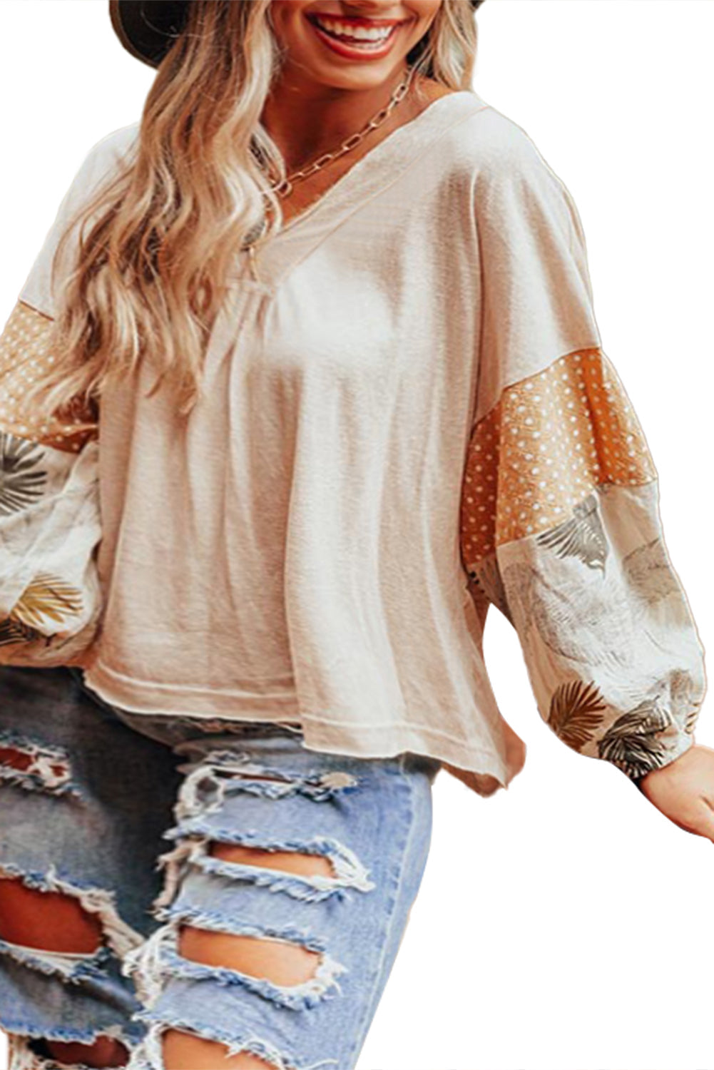 Blouse ample a col en V et manches bouffantes a pois et feuilles de palmier