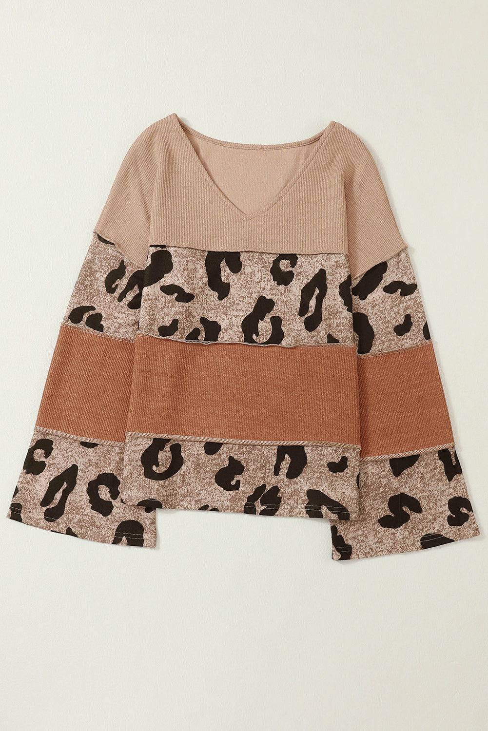 Haut en tricot à manches amples et col en V patchwork color block