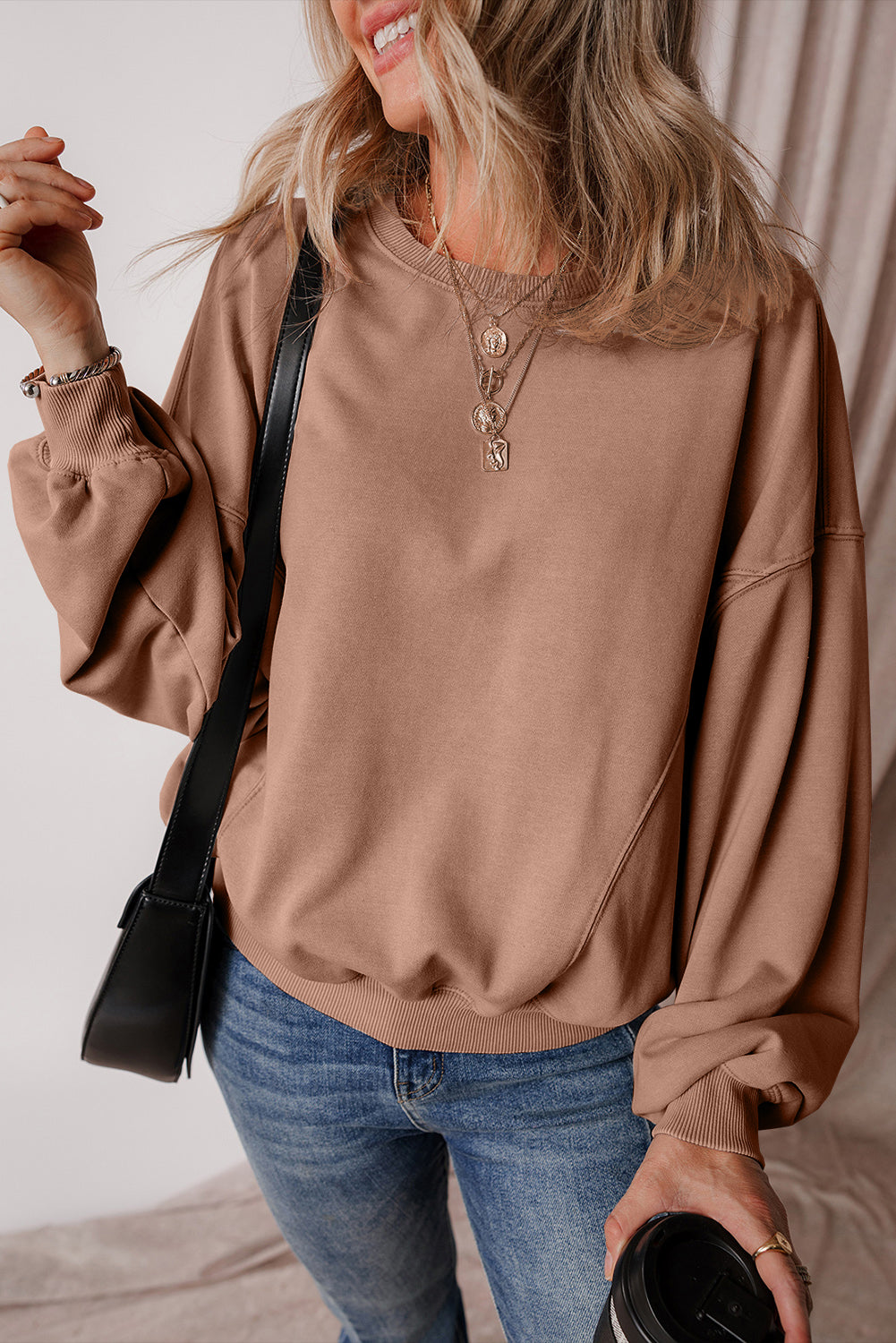 Sweat-shirt a coutures apparentes, manches chauve-souris et épaules tombantes