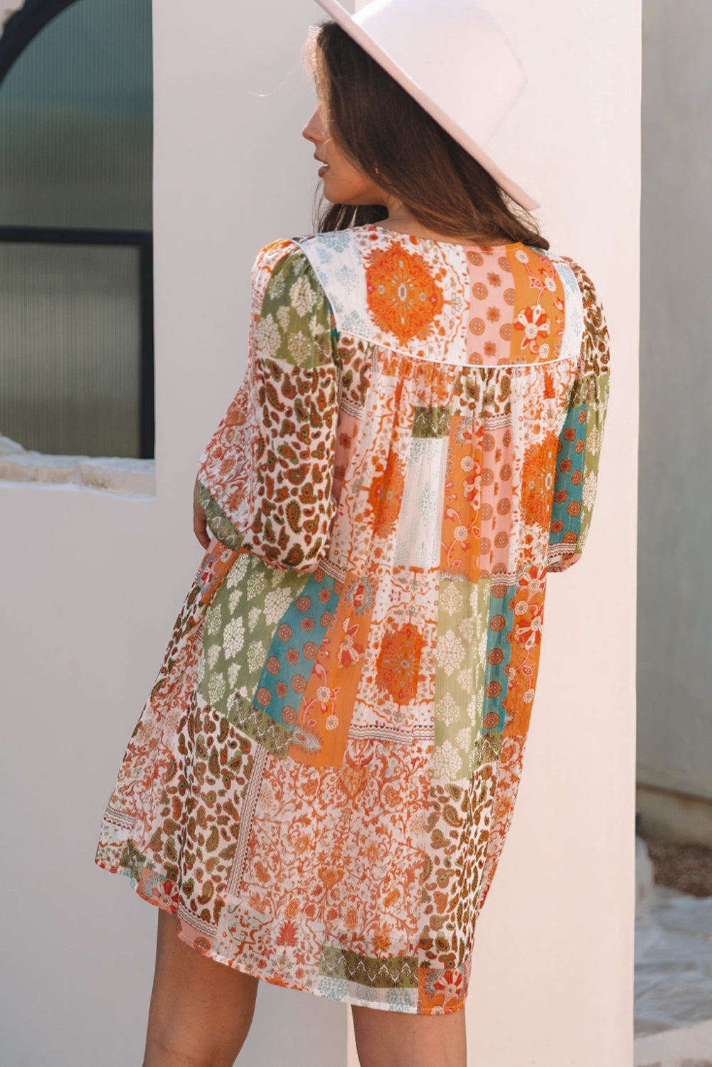 Robe ample en mousseline de soie à imprimé cachemire bohème et manches 3/4