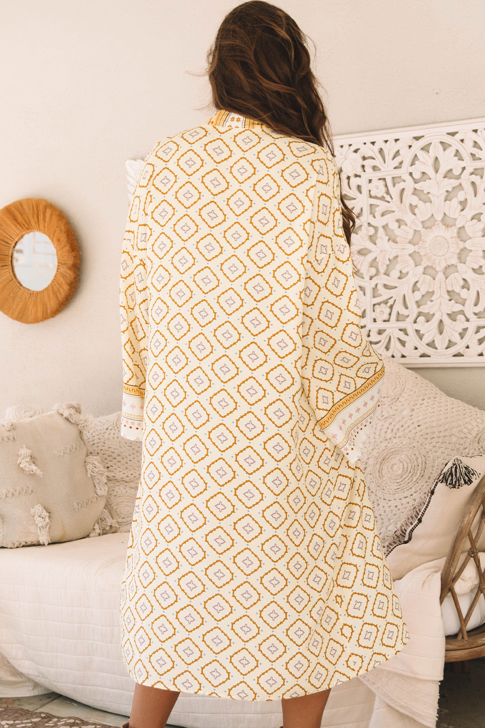 Kimono long a manches amples imprimé géométrique bohème