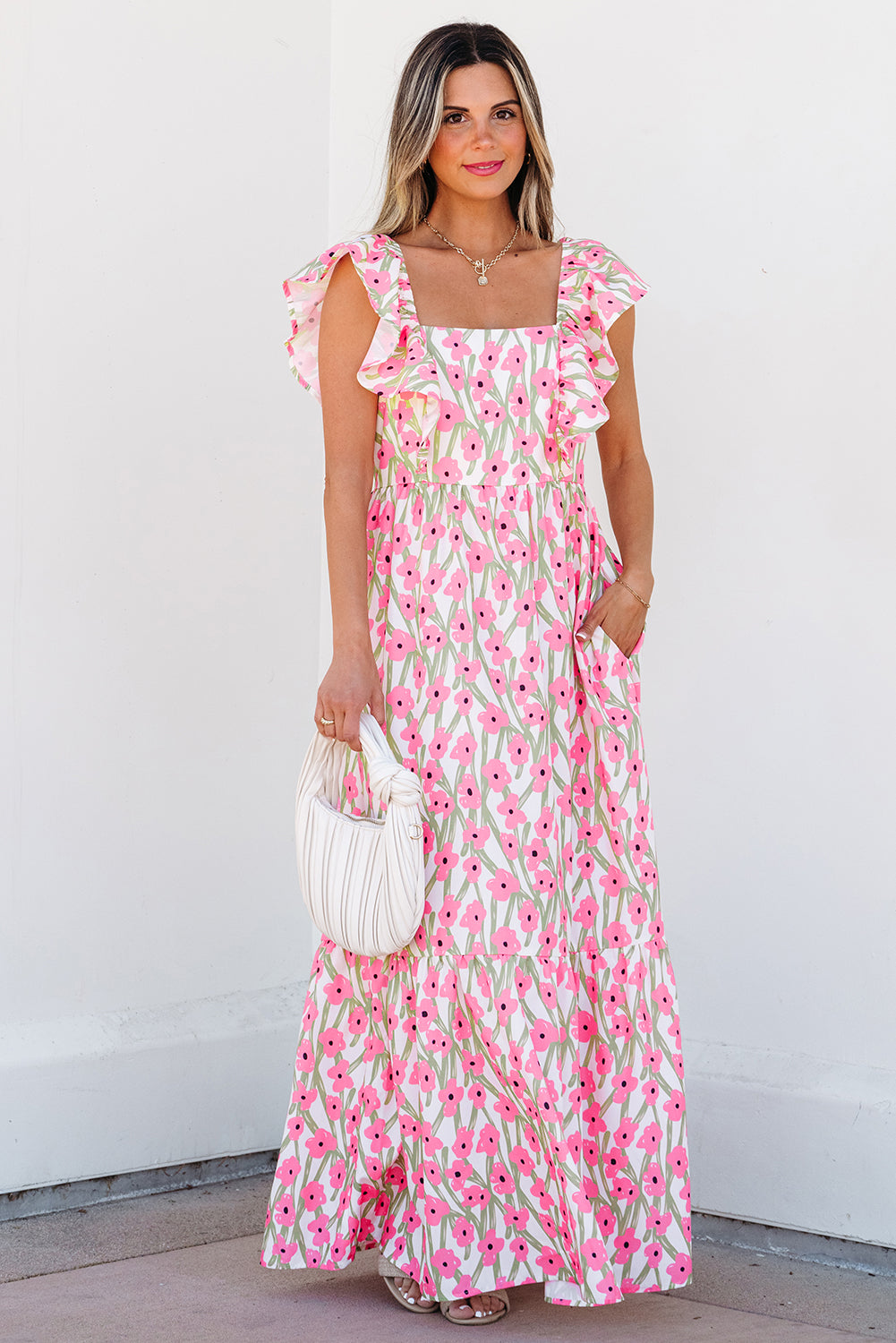 Robe longue à imprimé floral, col carré, bretelles à volants