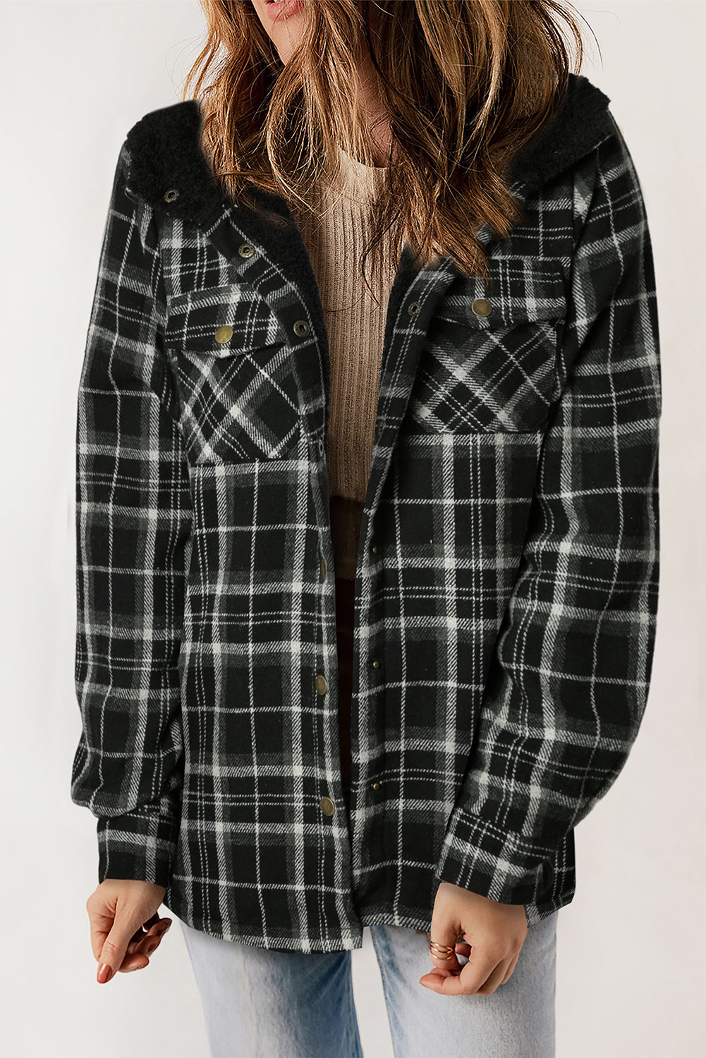 Veste a capuche noire a motif écossais doublée en sherpa