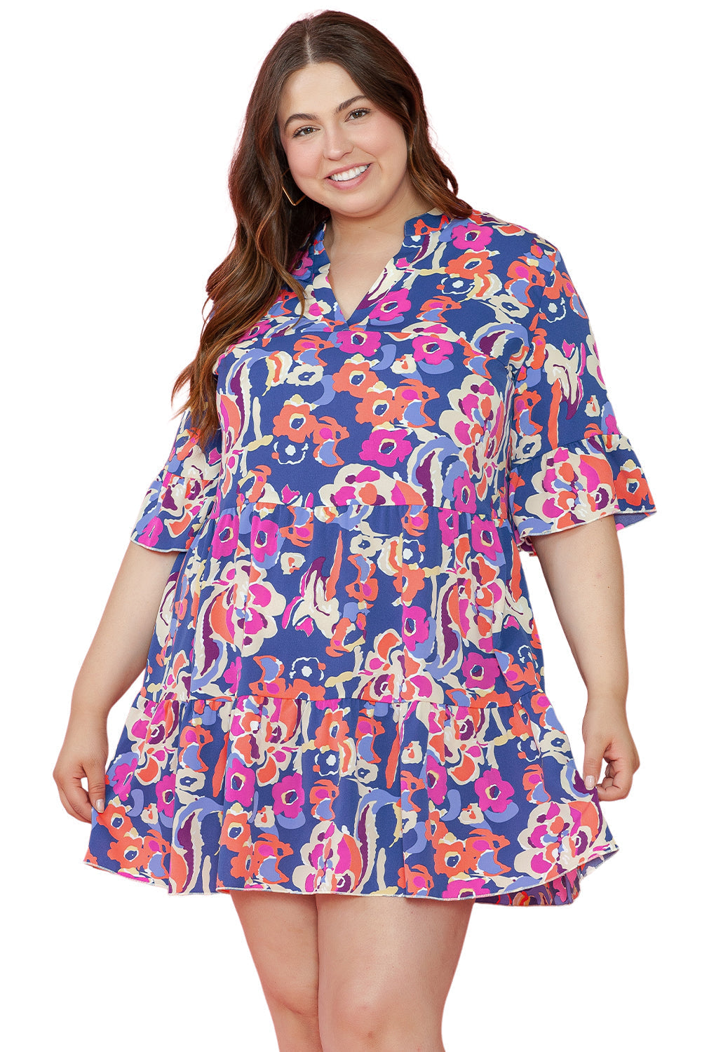 Mini-Robe Imprimée Florale à Volants à Manches 3/4 de Grande Taille