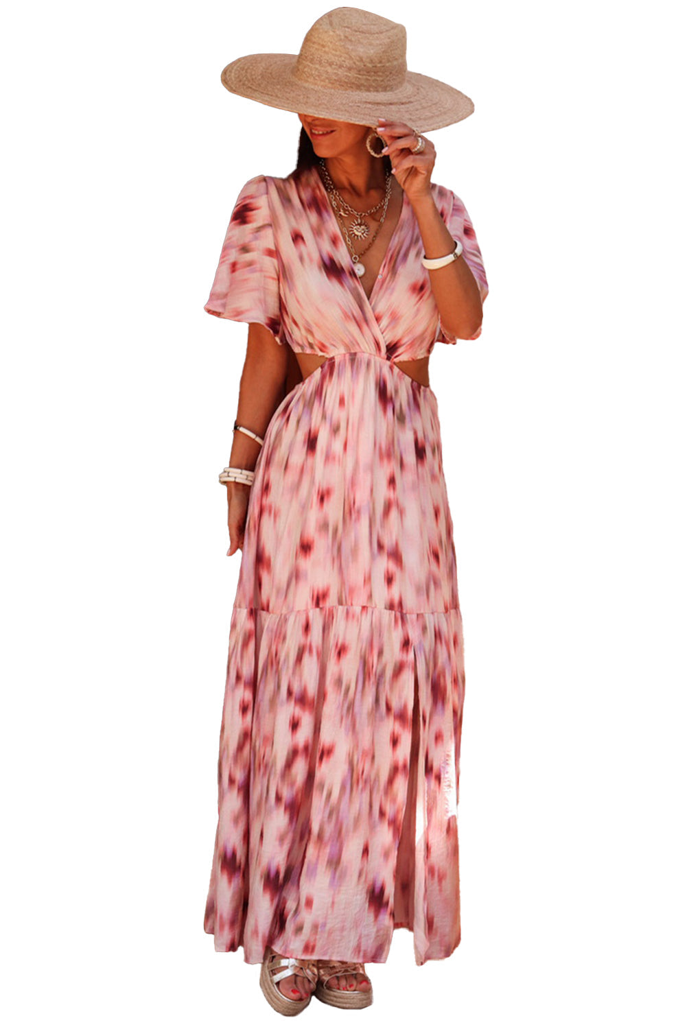 Robe longue à imprimé abstrait et manches flottantes, découpes audacieuses