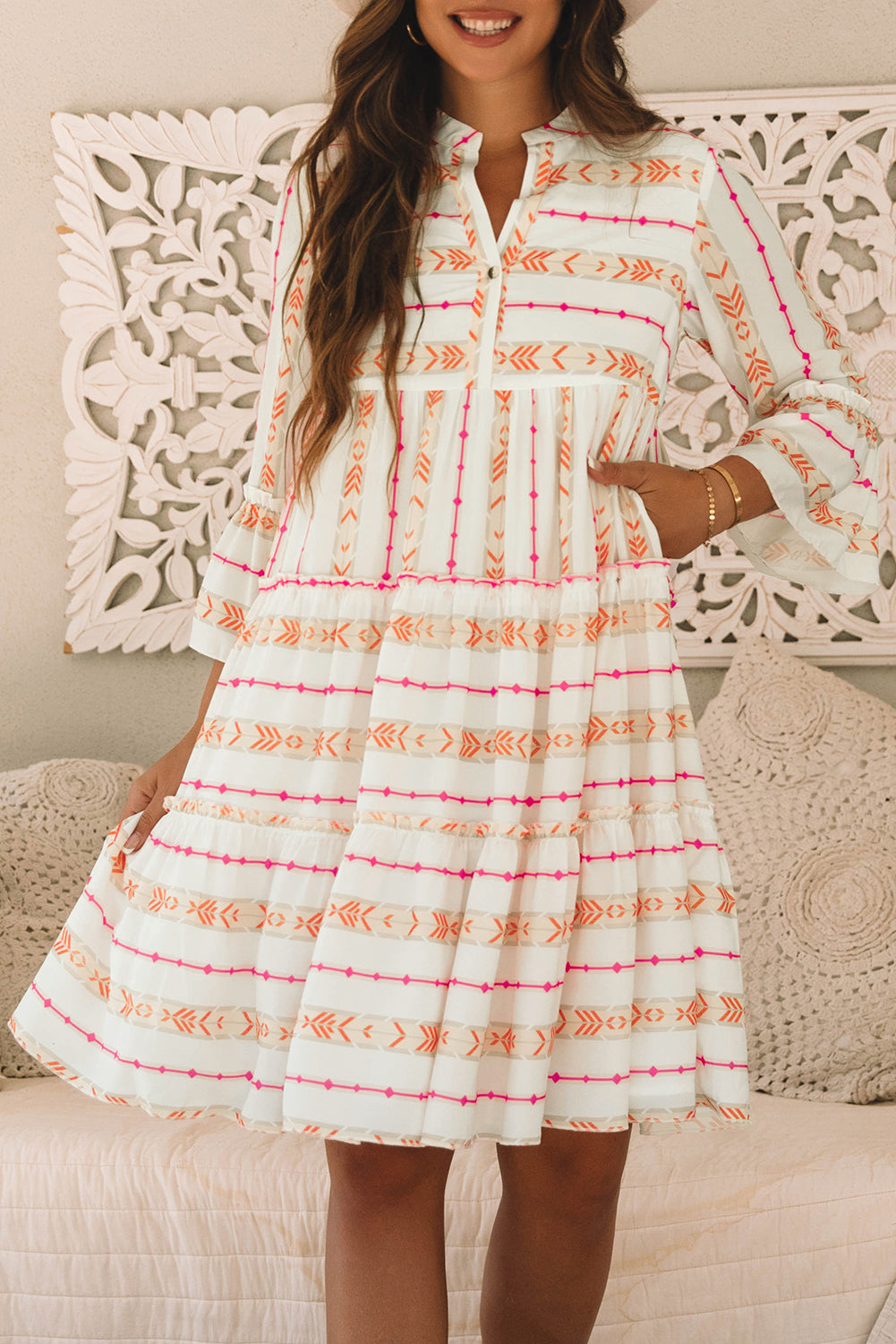 Robe ample a volants et manches bracelet imprimée bohème, col fendu