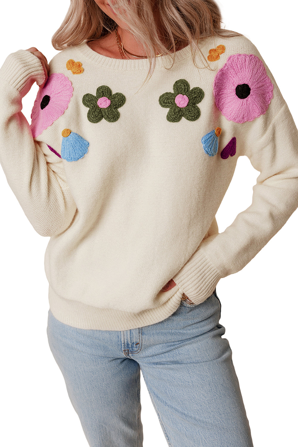 Pull tricoté à bords côtelés à motif floral