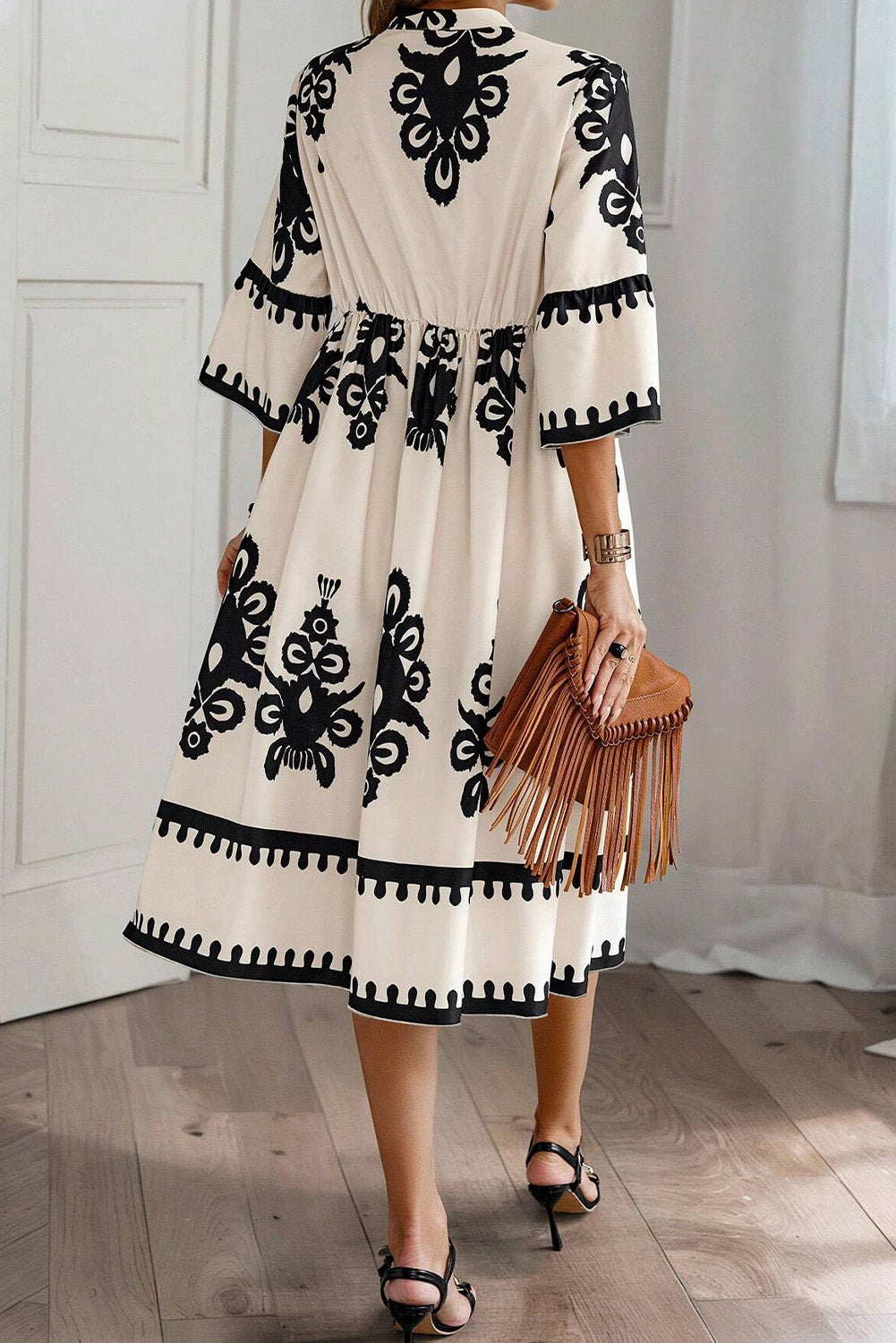 Robe midi ample a manches 3/4 et imprimé géométrique occidental