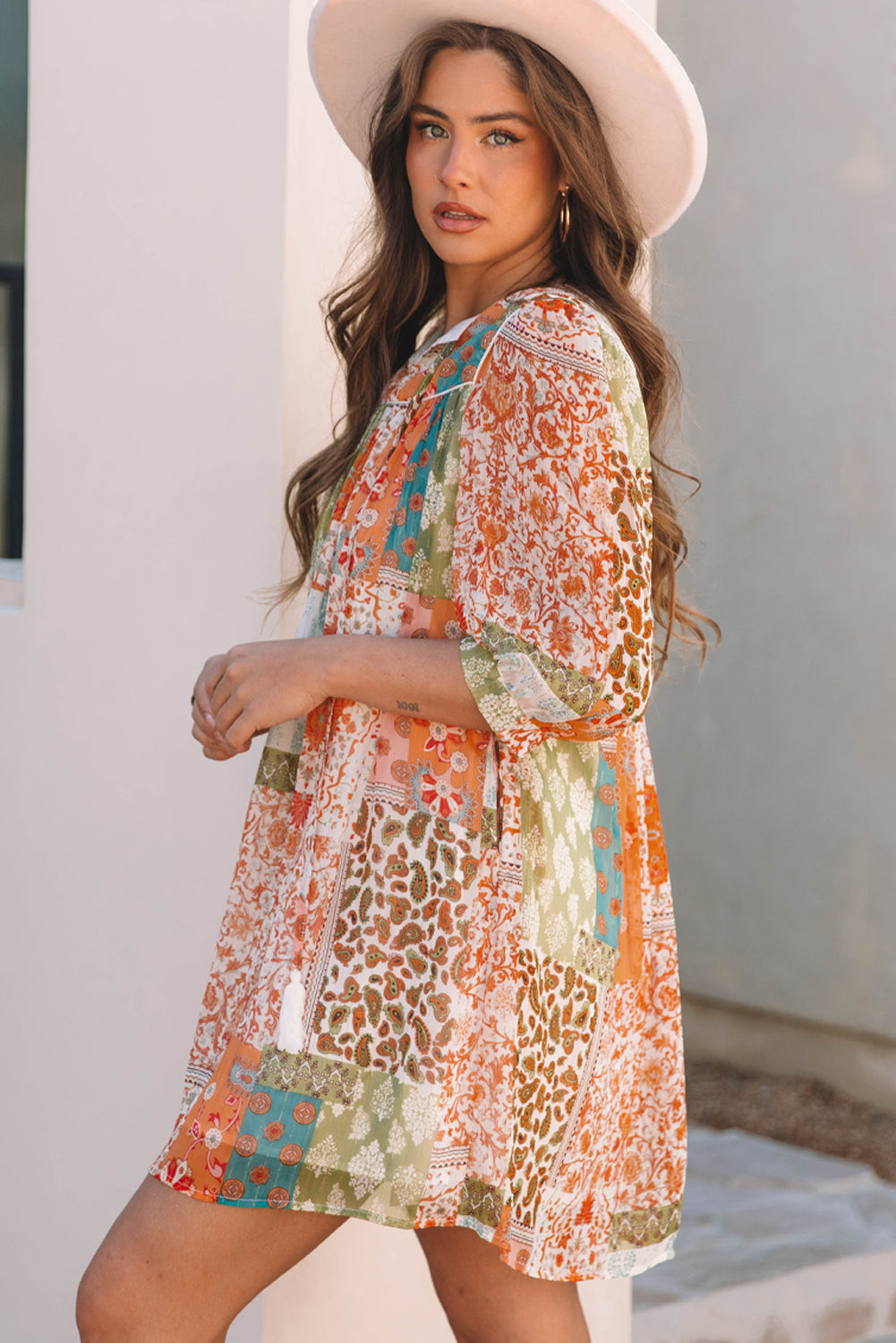 Robe ample en mousseline de soie à imprimé cachemire bohème et manches 3/4