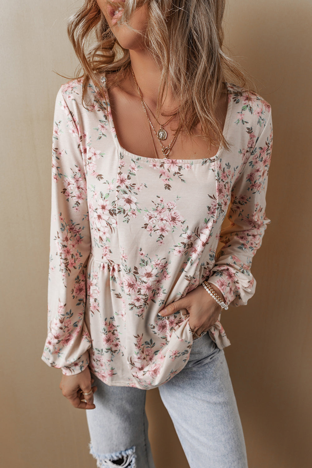 Blouse ample plissée a imprimé floral et col en U