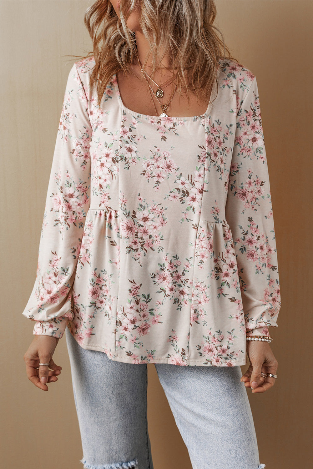 Blouse ample plissée a imprimé floral et col en U