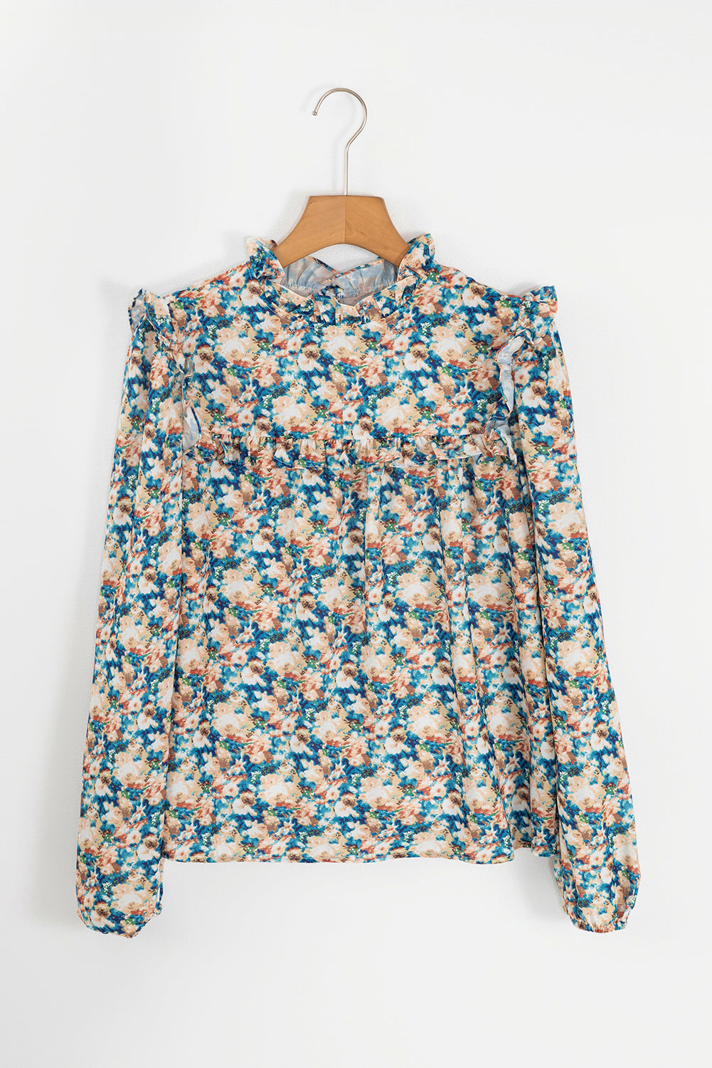 Blouse à manches bouffantes et col montant à volants et imprimé floral