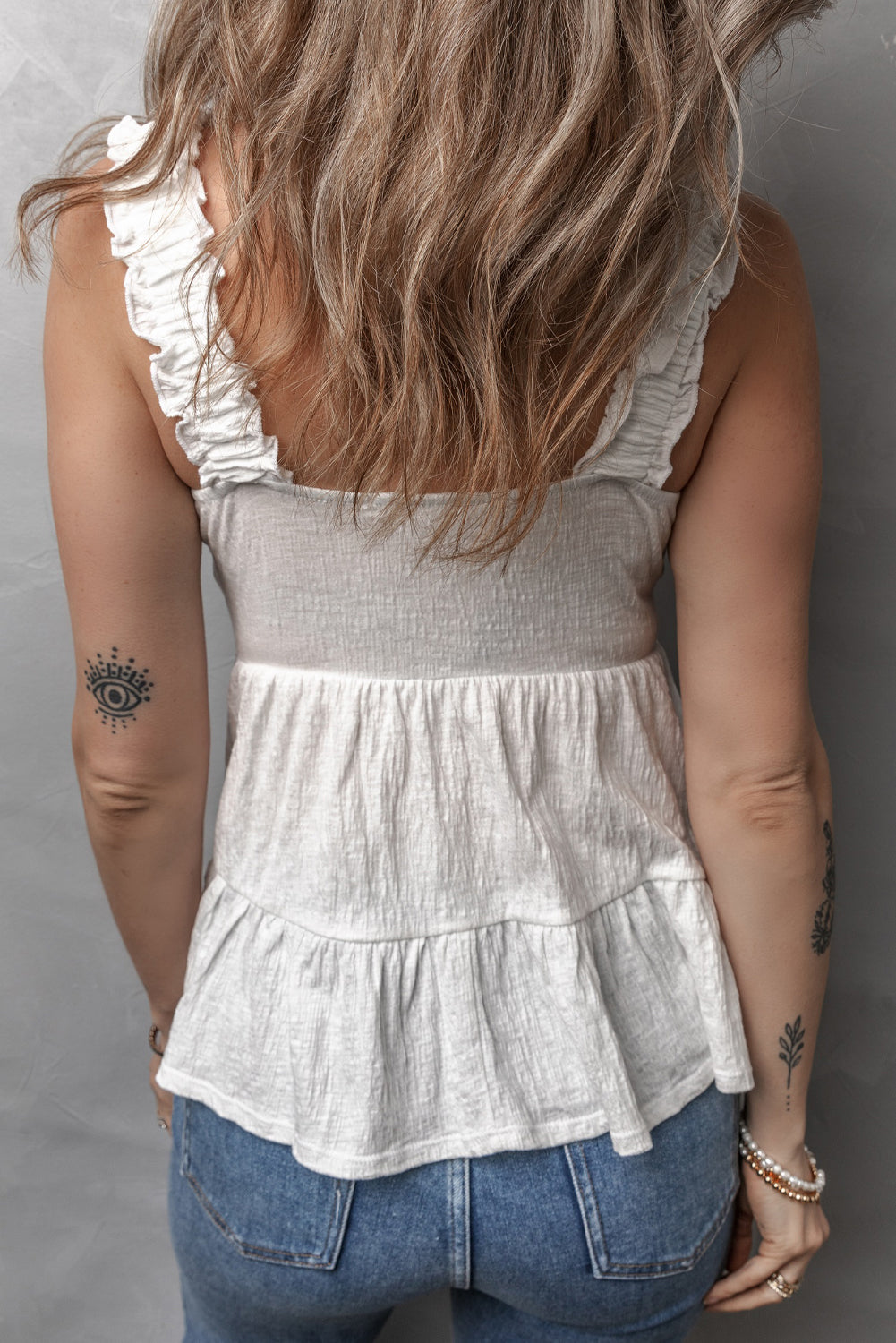 Débardeur babydoll à bretelles froissées et volantées