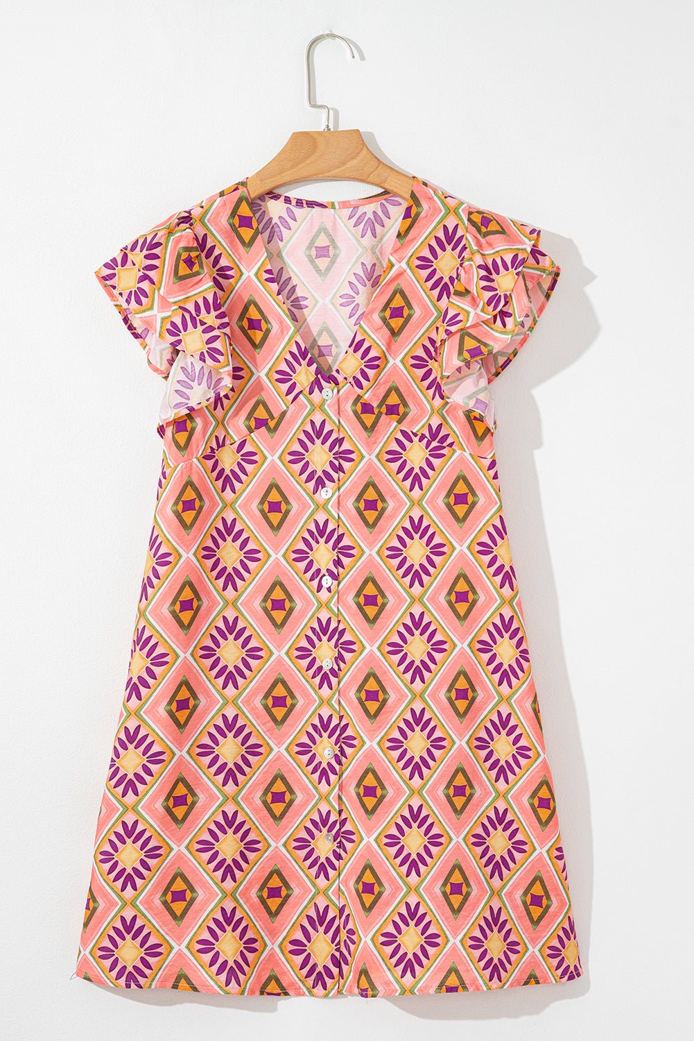 Mini-robe boutonnée à fleurs géométriques, col en V et manches à volants