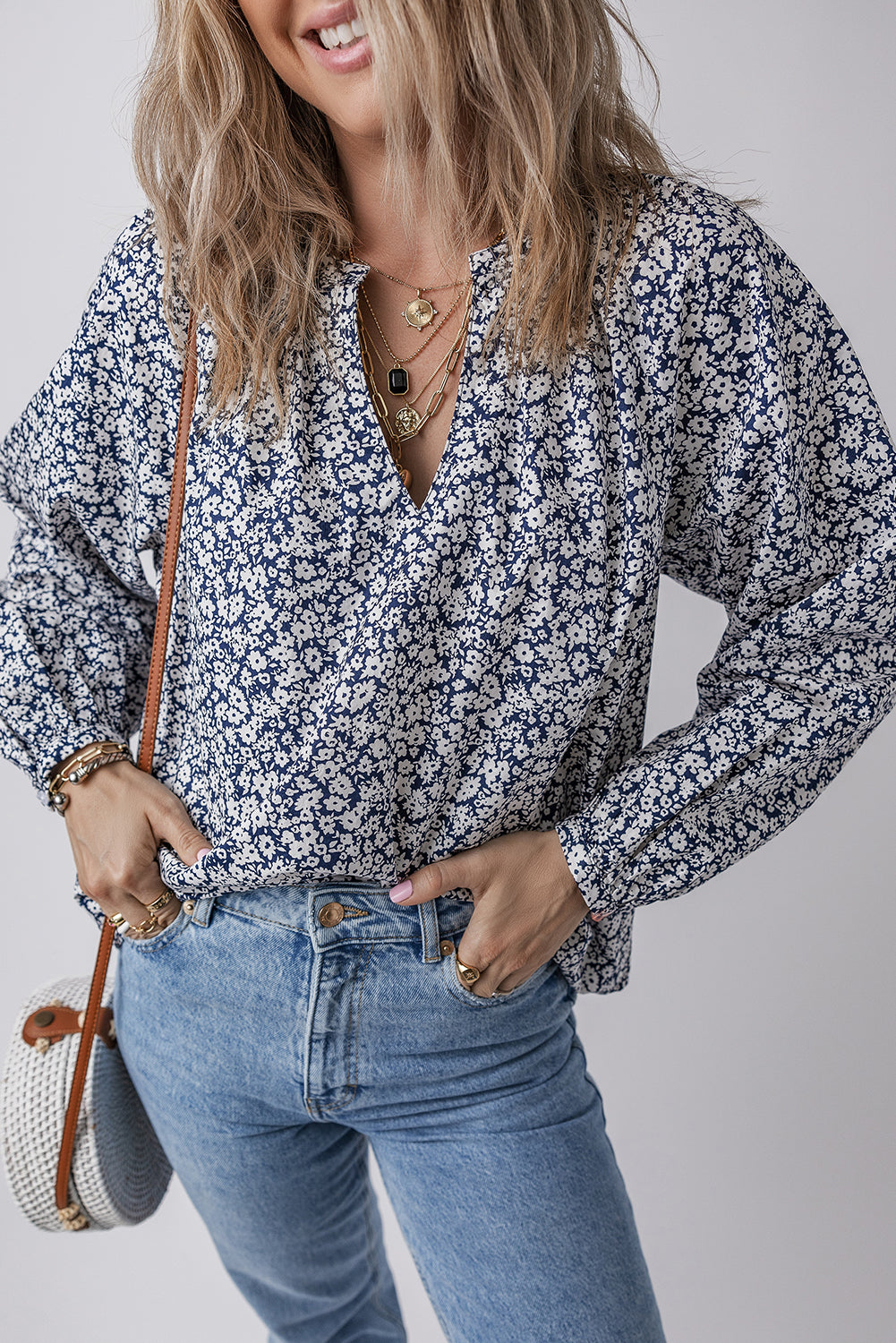 Blouse a manches bouffantes et col en V cranté a imprimé floral