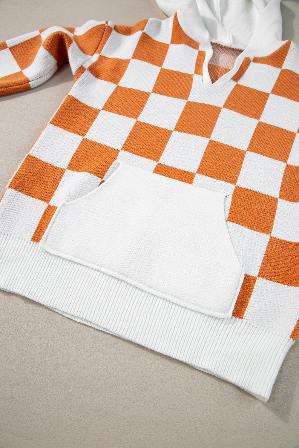 Pull a capuche a carreaux et col fendu avec poche kangourou contrastée