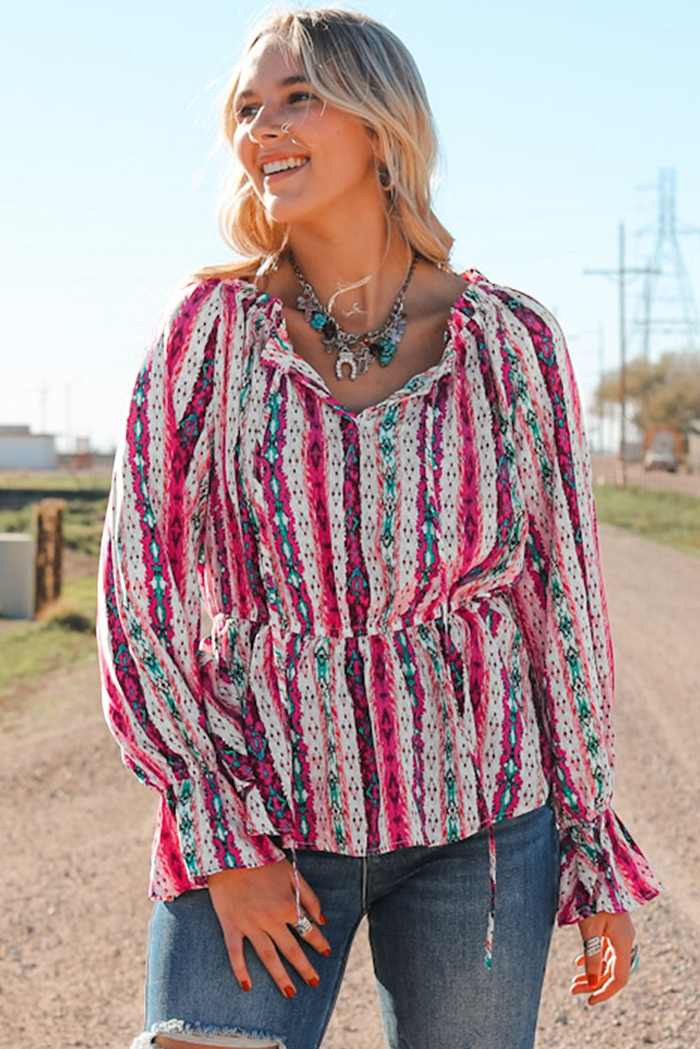 Blouse péplum à col fendu aztèque occidental