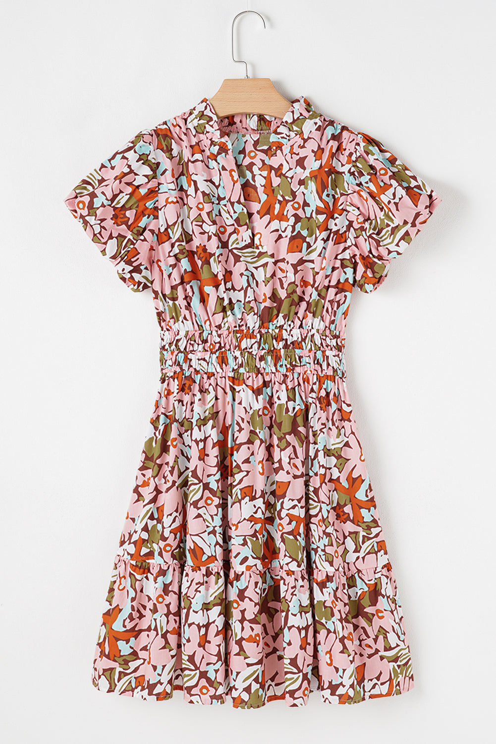 Mini-robe taille haute froncée à manches bouffantes et imprimé floral