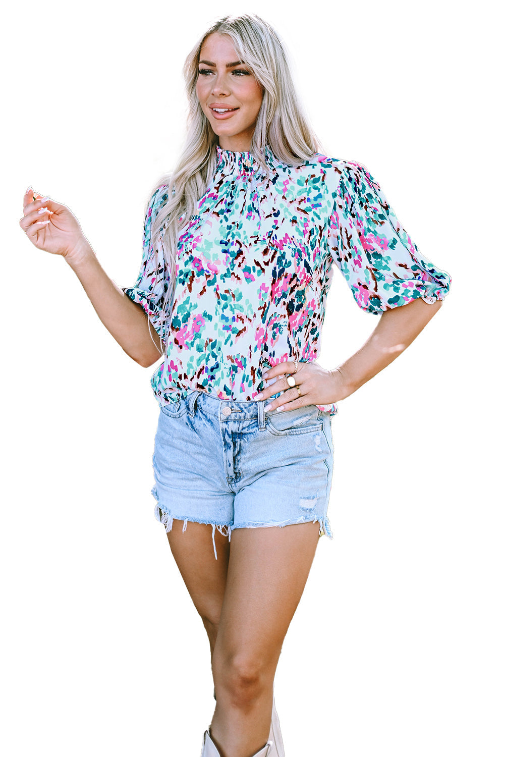 Blouse à col montant et manches bouffantes à imprimé abstrait