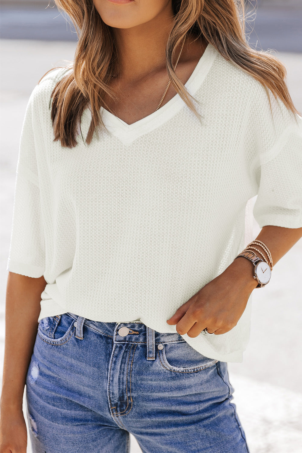 Haut ample en tricot gaufré blanc à épaules tombantes