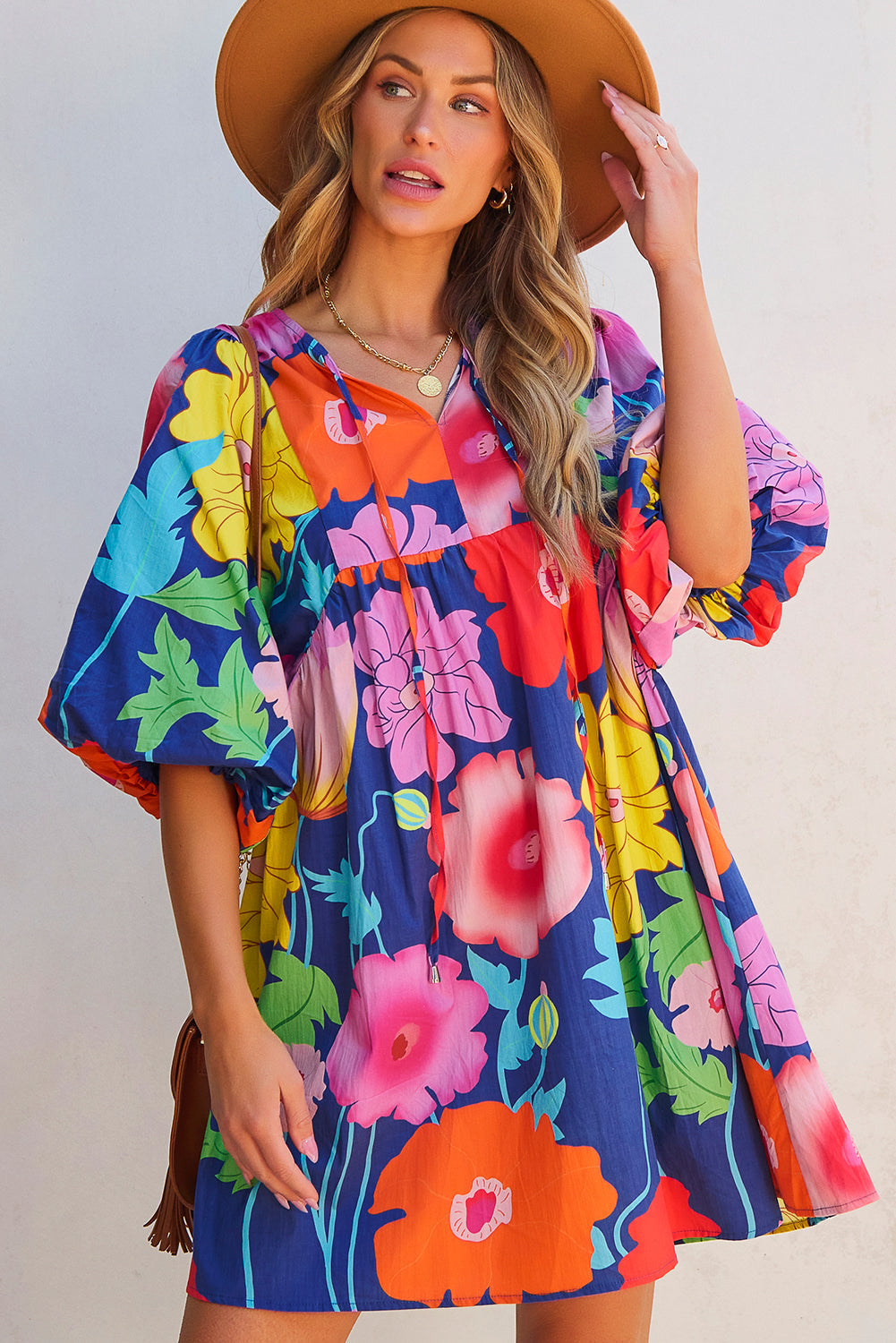 Robe babydoll à imprimé floral et col fendu