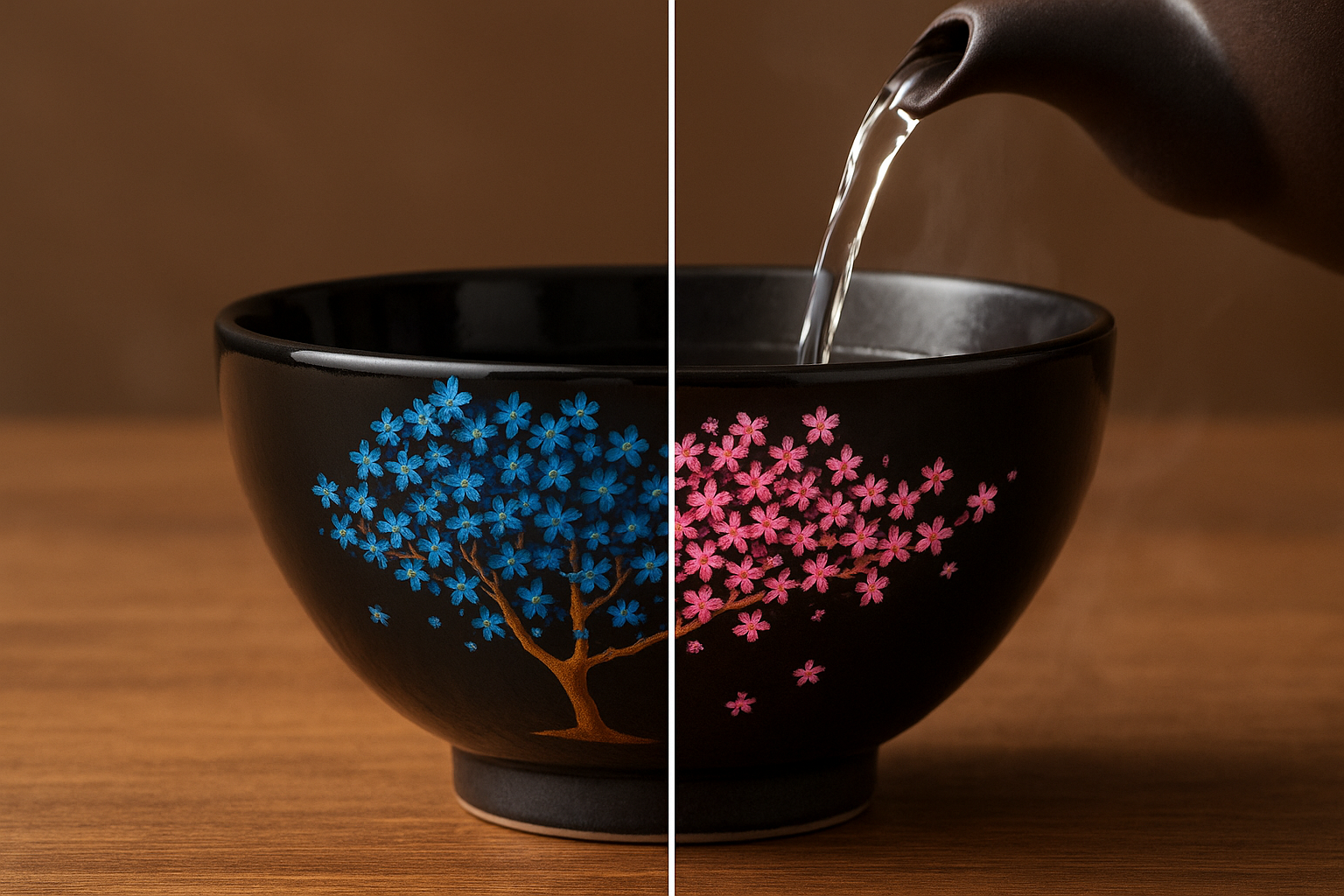 Demonstration of the color-changing tenmoku tea cup transforming from blue to pink when hot water is added
