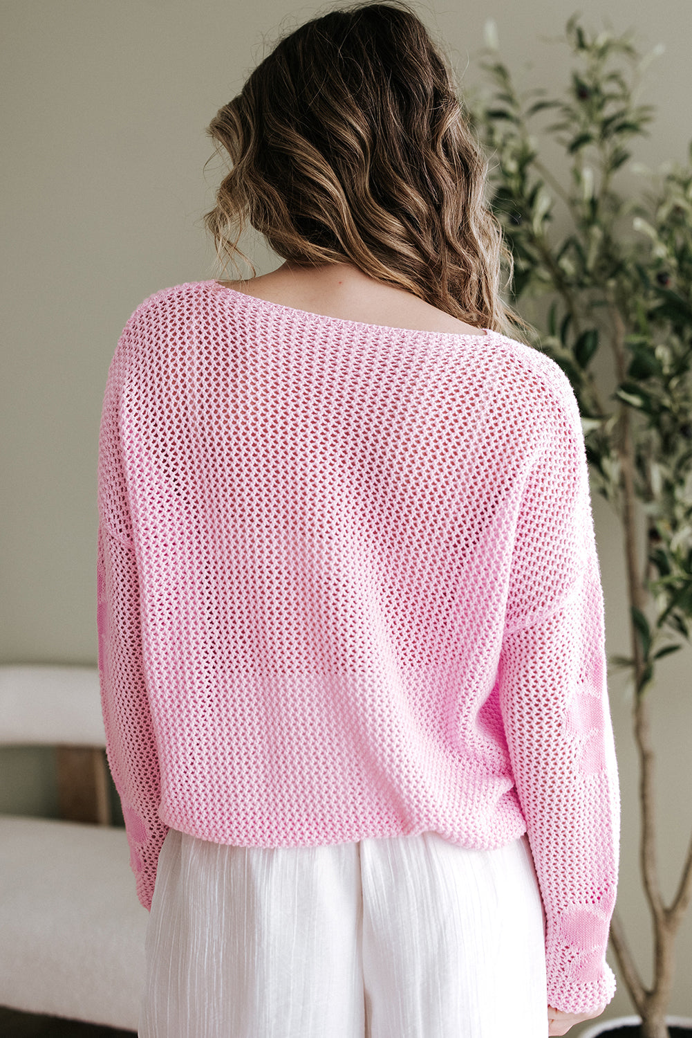 Pull à épaules tombantes en tricot creux à grandes fleurs