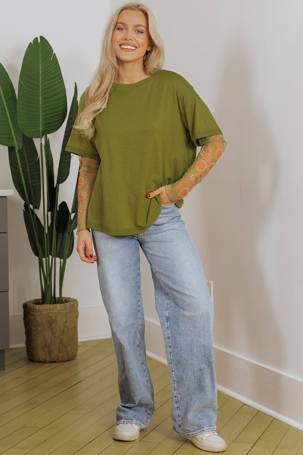 Faux t-shirt patchwork floral a manches longues et deux pièces