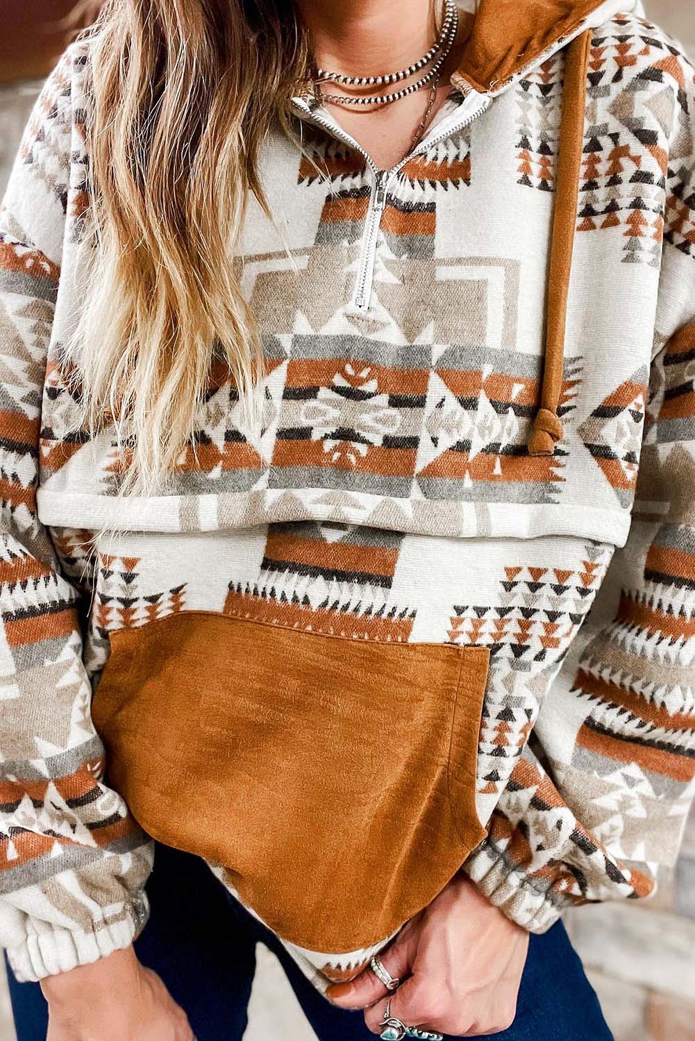 Sweat à capuche demi-zip à imprimé aztèque et poche kangourou