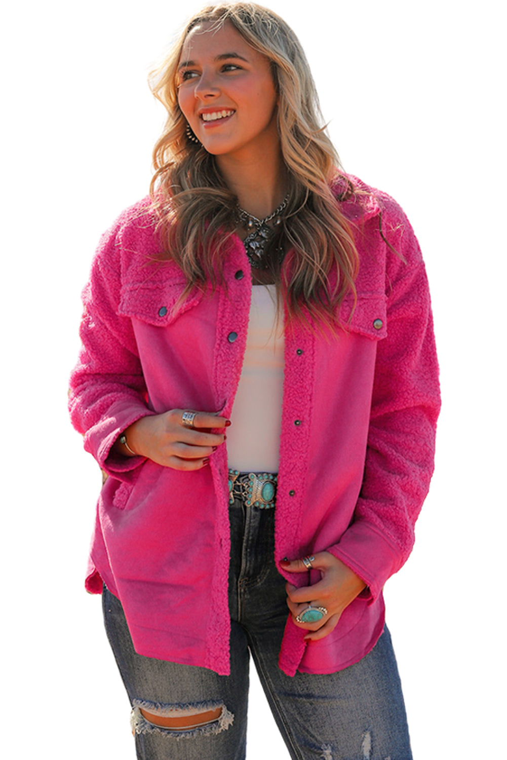 Veste boutonnée en patchwork sherpa en faux suède