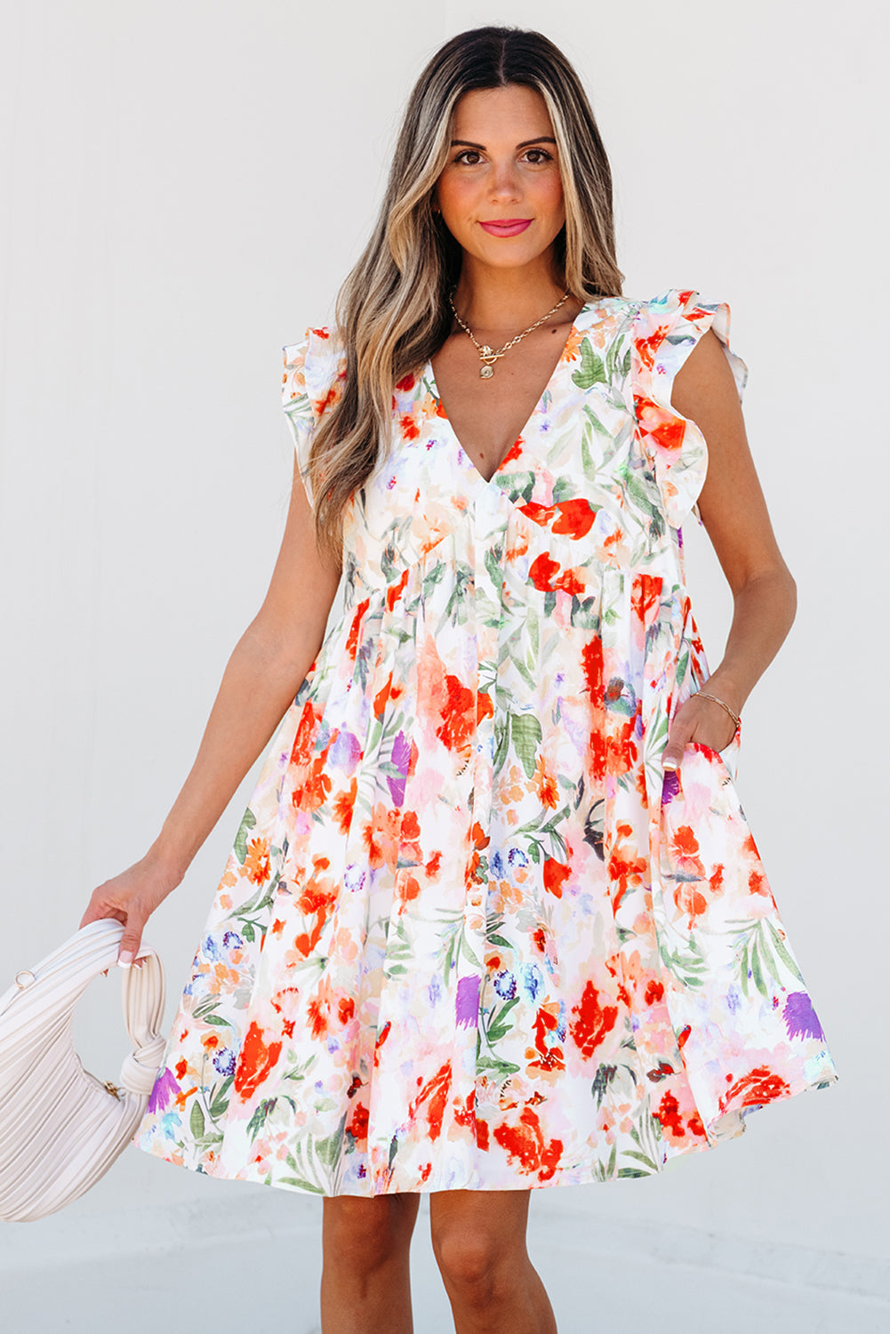 Mini-robe florale à manches à double volant et col en V, taille haute