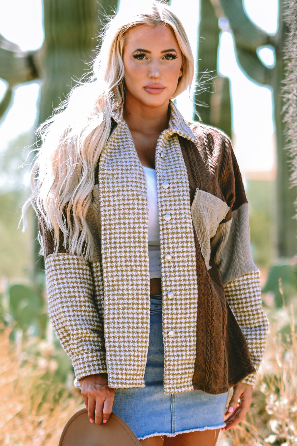 Veste ample en patchwork texturé a contraste de couleur pied-de-poule