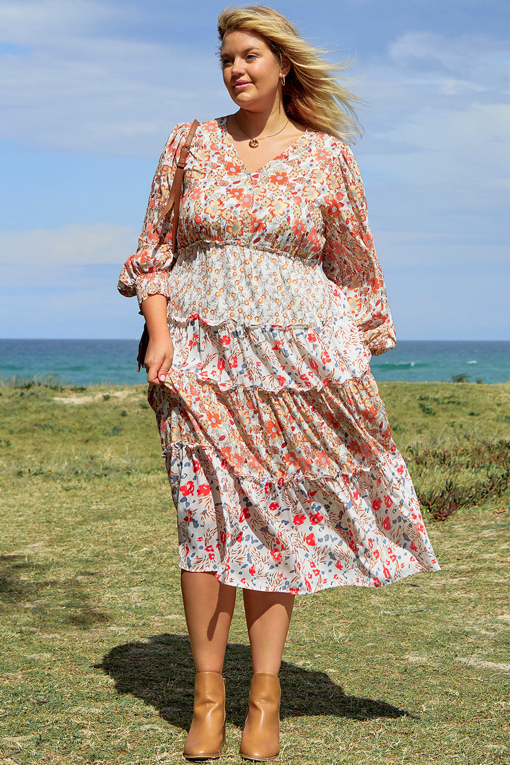 Robe Longue Florale a Volants Étagés de Grande Taille