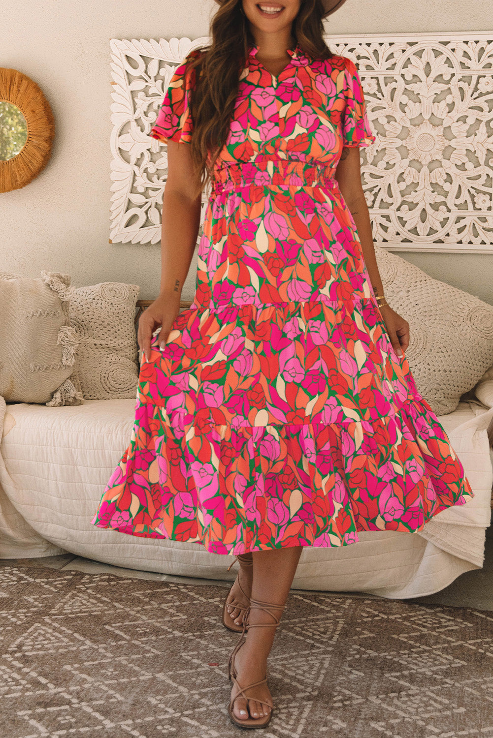 Robe longue florale a manches courtes et taille smockée