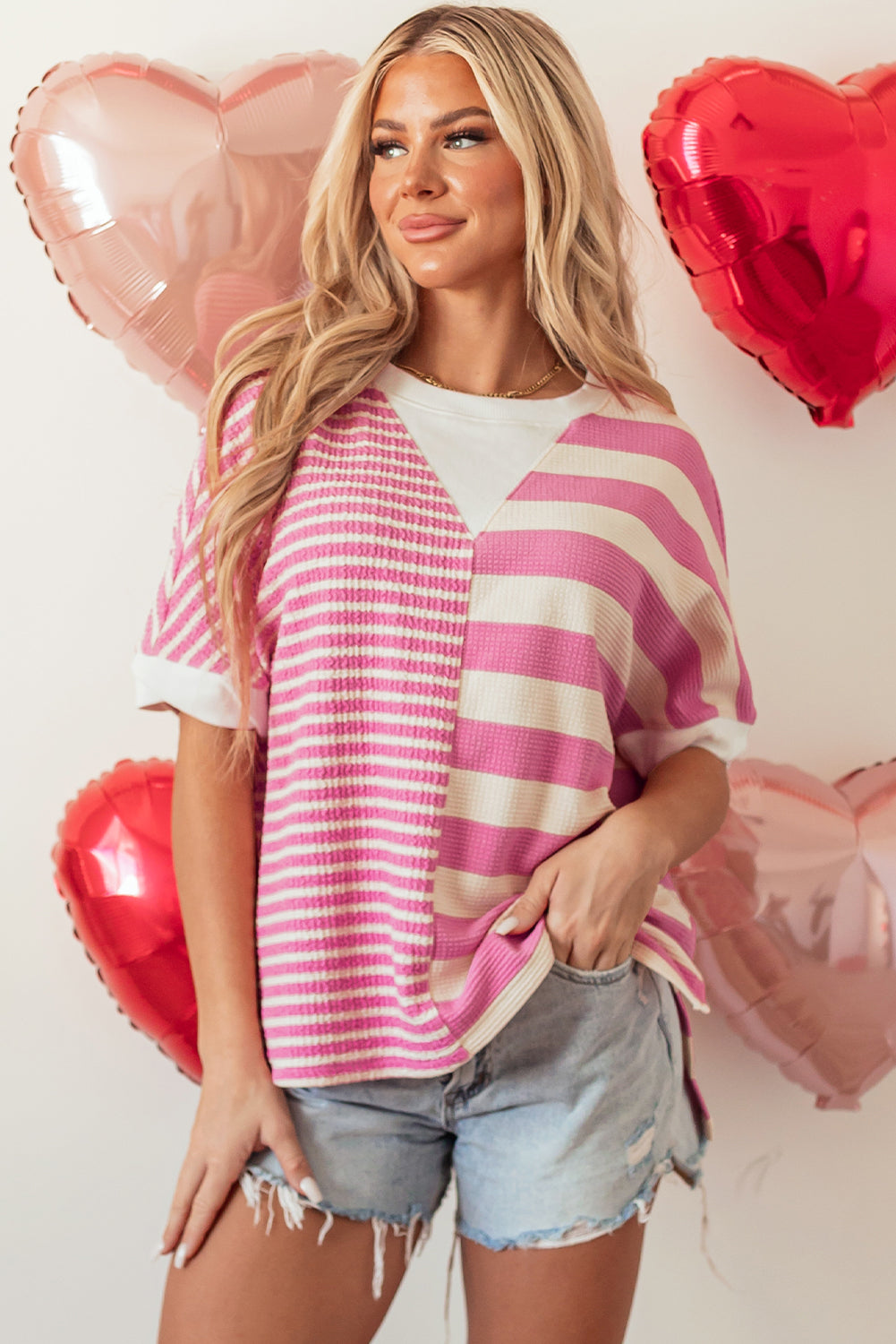 Haut ample ample texturé a manches courtes et patchwork