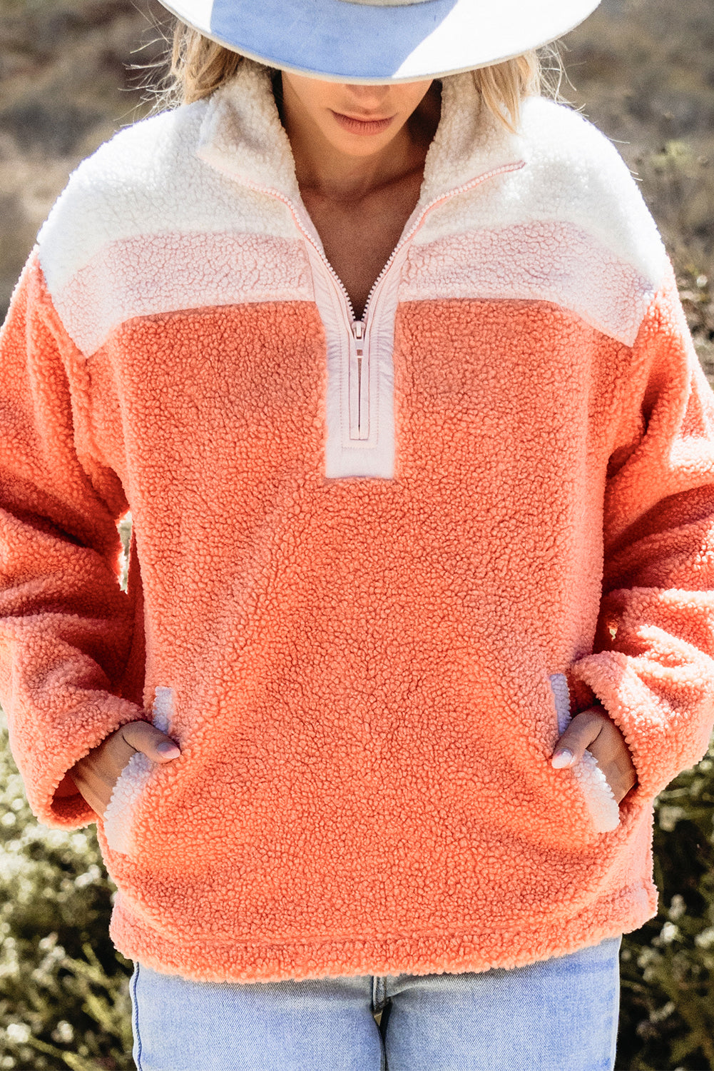 Sweat Sherpa à col montant et demi-fermeture éclair color block