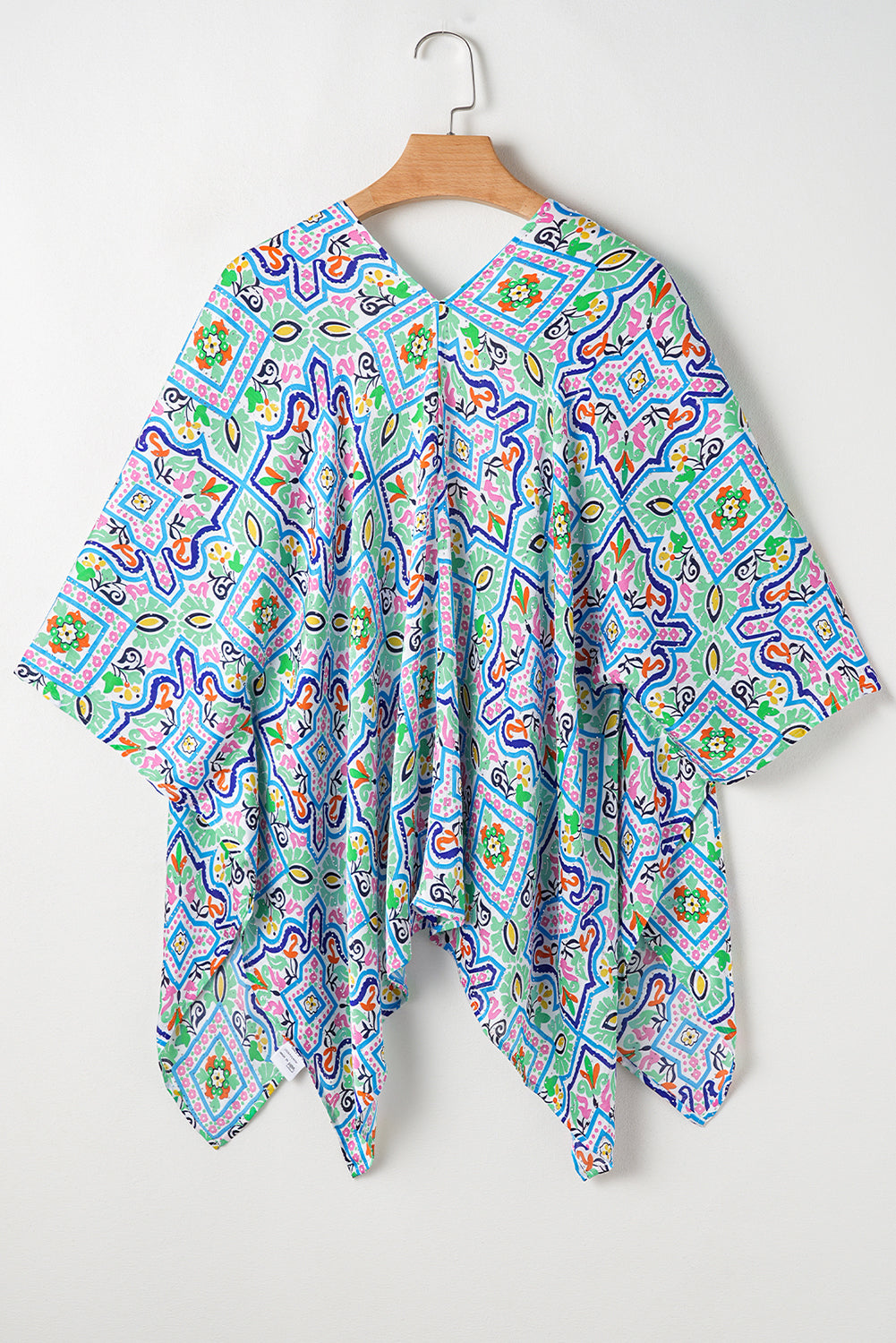 Kimono bohème à imprimé floral et strass, manches 3/4, ouvert sur le devant