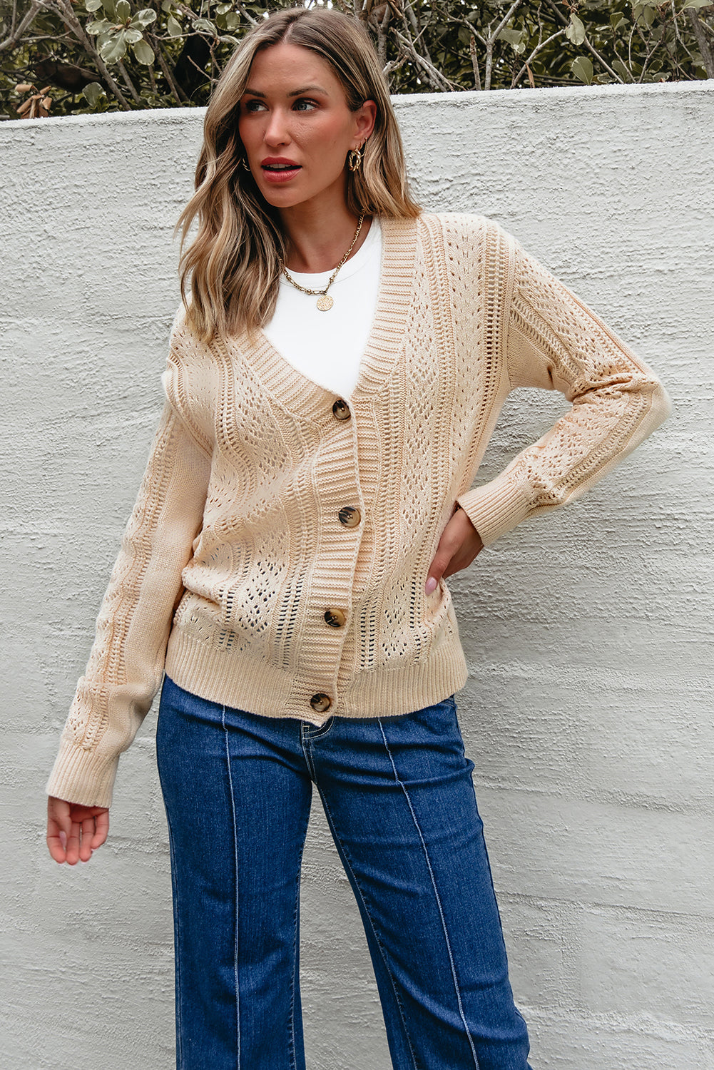 Cardigan pull ouvert en tricot a épaules tombantes
